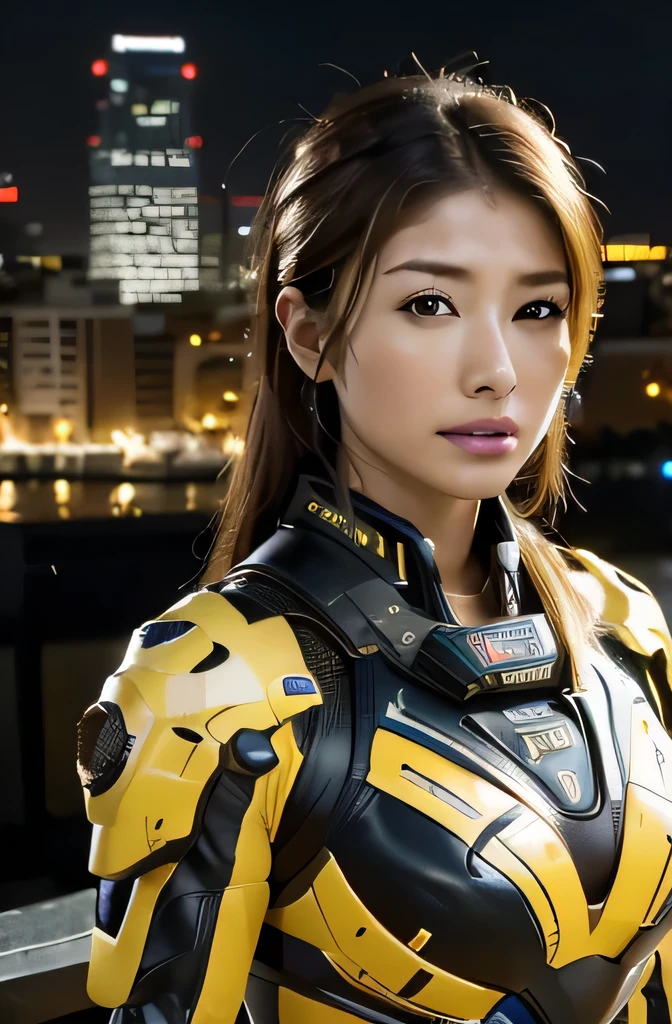 best quality,16k,highres,masterpiece,ultra-detailed, realistic, photo realistic, HDR,UHD, professional lighting, sharp focus, physically-based rendering, extreme detail description, colorful, 16k wallpaper, 16k cityscape background,1 Japanese female, yellow and black and blue full metallic mech armored, night, skyscraper, 