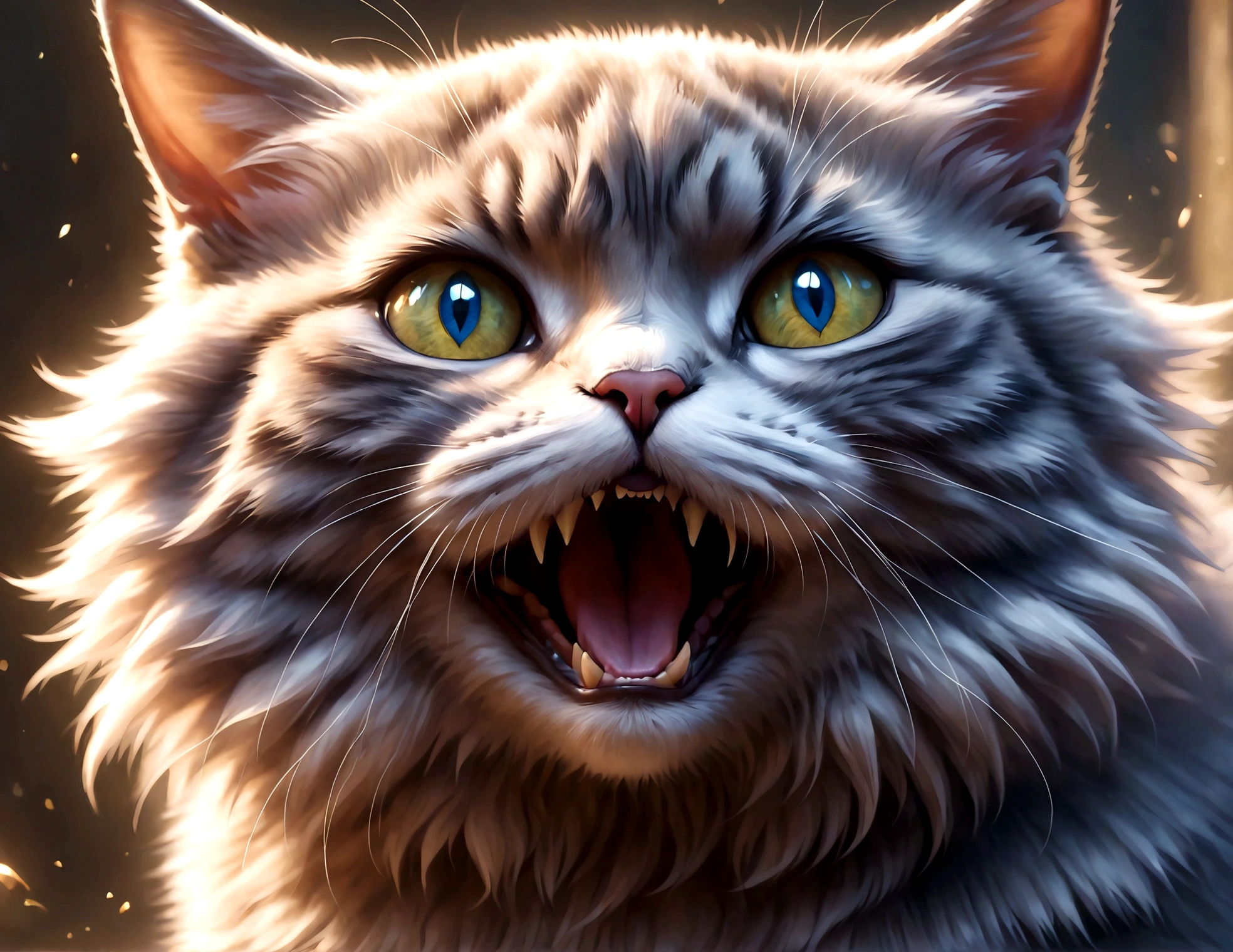 Photo of a cat that hates humans,(Cat 1,Photoreal,focus on reality,disgust that cannot be hidden,((Sense of distrust)),((anger)),((disgust)),cat with open mouth,cat showing fangs,cat's threatening behavior),fluffy cat,anatomically correct
