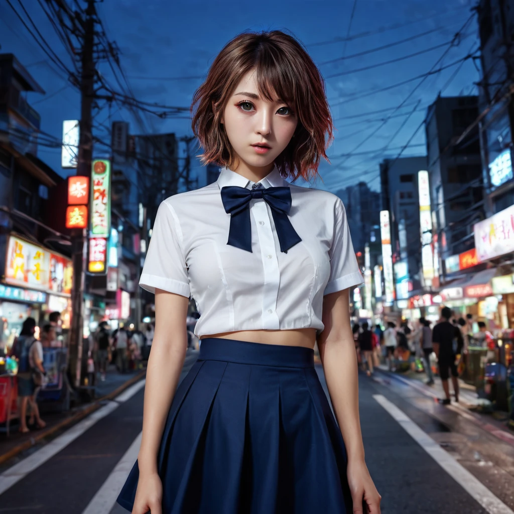 (8k, RAW photo, masterpiece:1.3), (realistic, photo-realistic:1.37), (night), (looking at viewer:1.331), (bloody hair), posing, Tokyo street, nightcityscape, cyberpunk city, soft light, nudegirl, extremely beautiful face, bust, put down hands, Random hairstyle, Random expression, big eyes, lower abdomen, (short-sleeved .JK_shirt), JK_style, (dark blue short JK_skirt), (bow JK_tie), mix4., best quality, awesome breasts