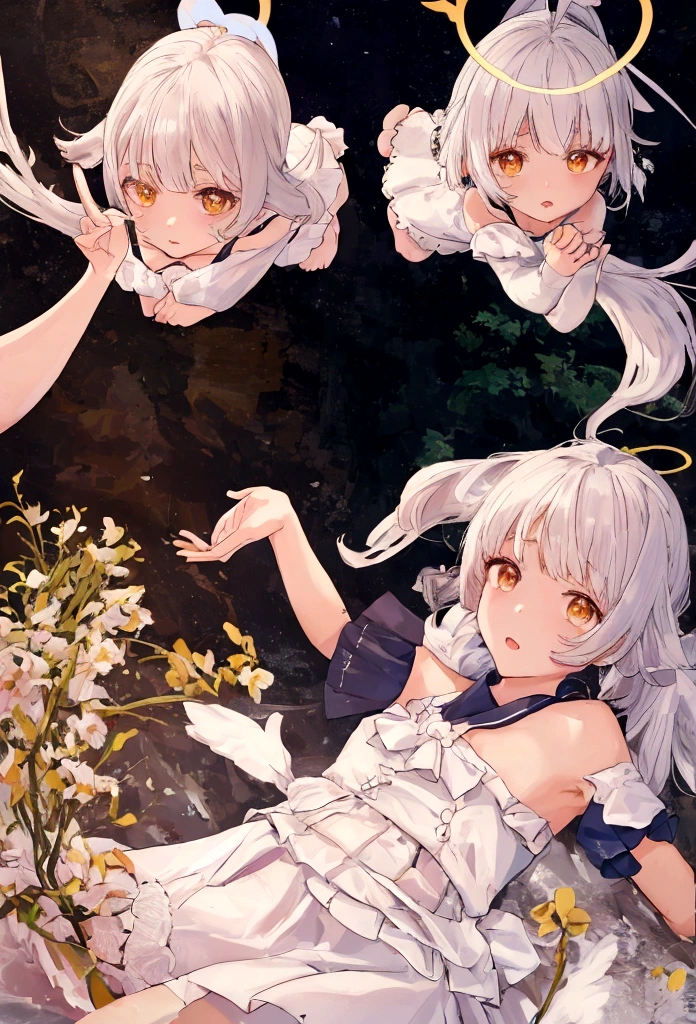 (high quality) (最high quality) (woman) (Correct physiognomy) (5 fingers on each hand) (Two Arms) (Two-eyed) woman, White hair with bangs on forehead, She has four little angel wings coming out of her head. , Two on the left、Two on the right, Two angel wings growing from her back, She has a golden halo behind her head, Golden Eyes, Soft lips, middle aged, White dress with shoulder straps, An angled skirt cut that exposes one leg, 写真の場所 womanは森の真ん中にいるはずだ, Photographic lighting: sunlight, Whole body proportions, The whole body is in the photo, Two Arms, 2 legs only