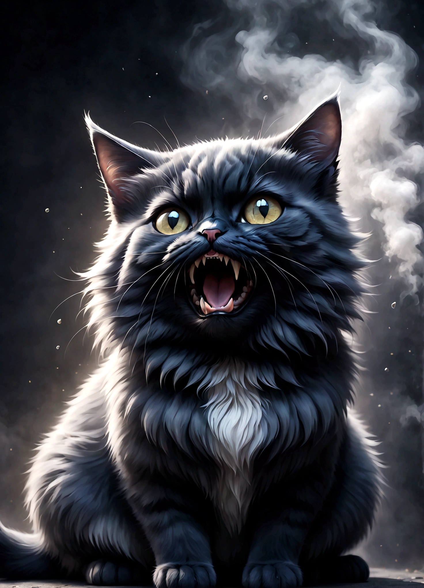 Photo of a cat that hates humans,(Cat 1,Photoreal,focus on reality,disgust that cannot be hidden,((Sense of distrust)),((anger)),((disgust)),cat with open mouth,cat showing fangs,cat's threatening behavior),fluffy cat,anatomically correct