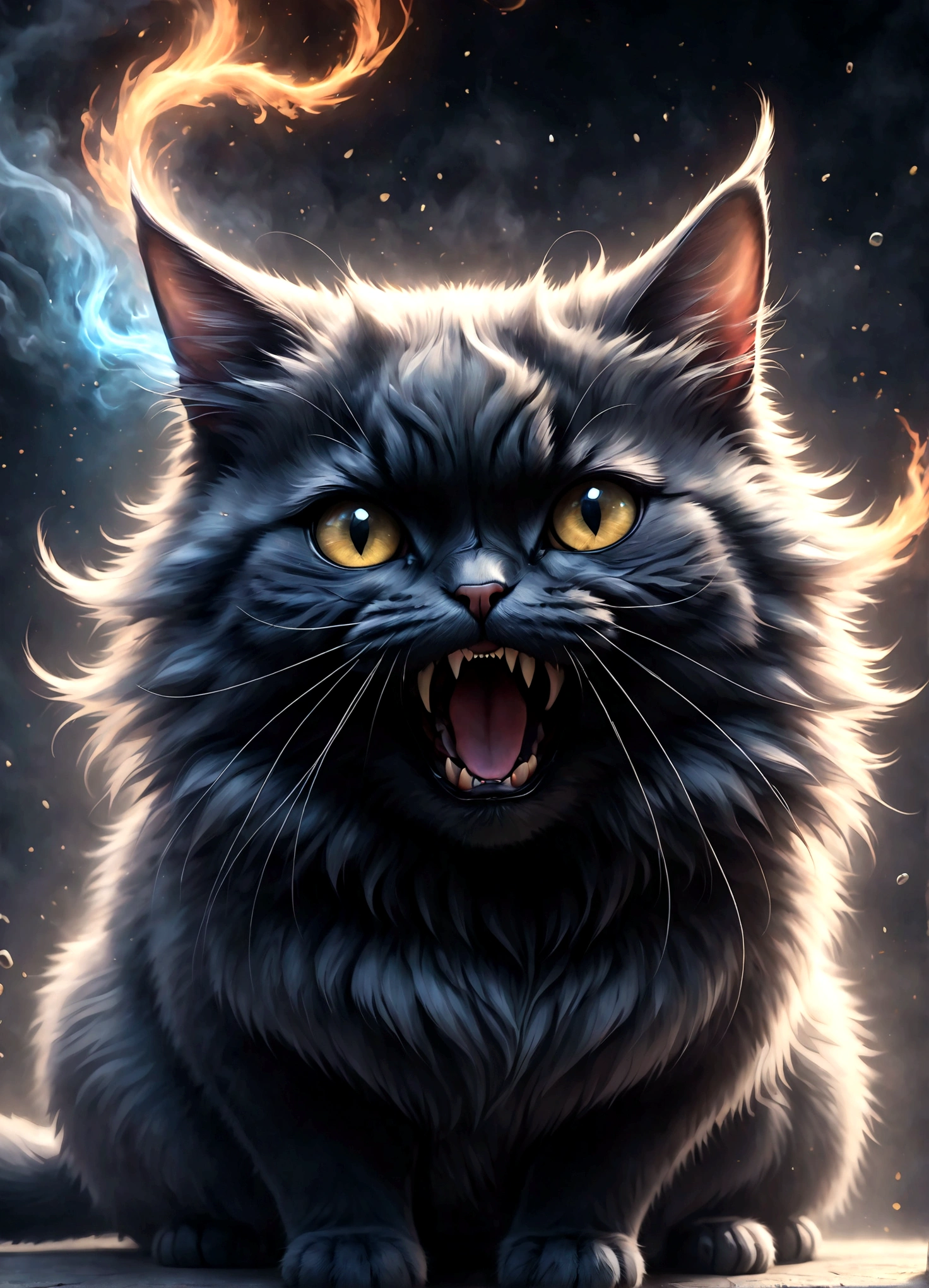 Photo of a cat that hates humans,(Cat 1,Photoreal,focus on reality,disgust that cannot be hidden,((Sense of distrust)),((anger)),((disgust)),cat with open mouth,cat showing fangs,cat's threatening behavior),fluffy cat,anatomically correct