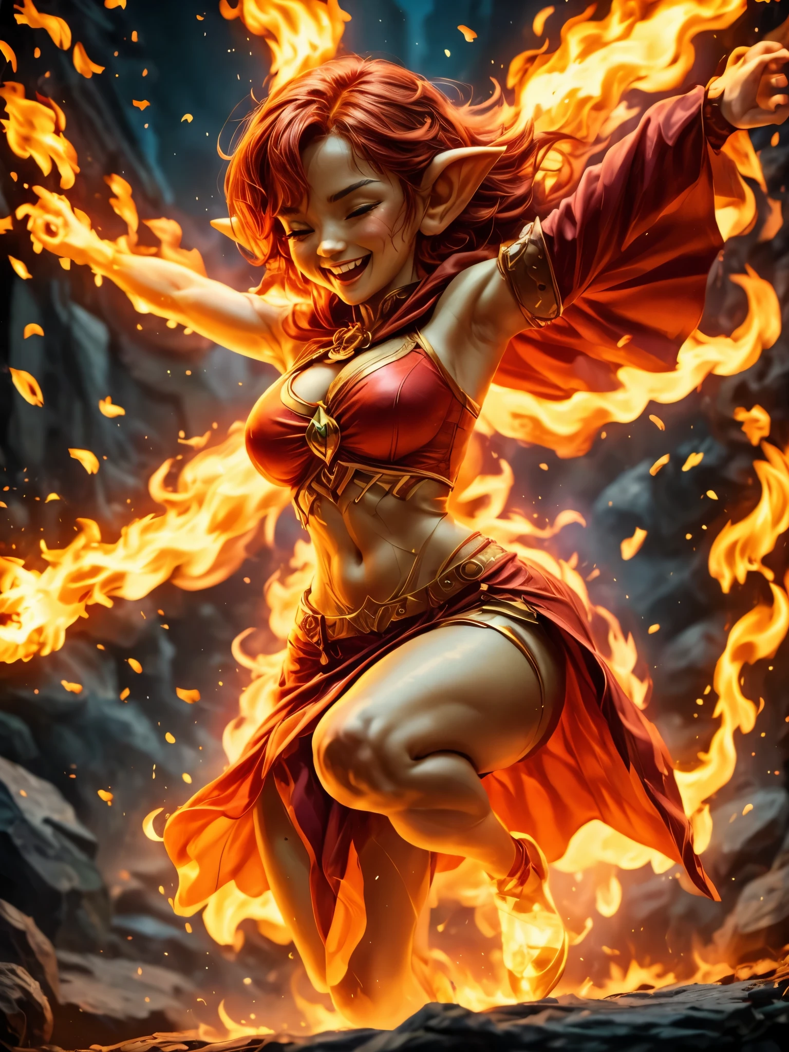 solo, 1girl, ((best quality)), ((masterpiece)), (detailed), 4k, very small goblin girl, bright red skin, pointy ears, fire hair, eyes closed, on fire, sheer red cape, smoldering, looking at viewer, sexy smile, visible midriff, dynamic pose, cinematic still, at a big dance party, dancing, cheering, excited, very happy, celebrating, jumping, joyful, action pose, mouth open, yelling