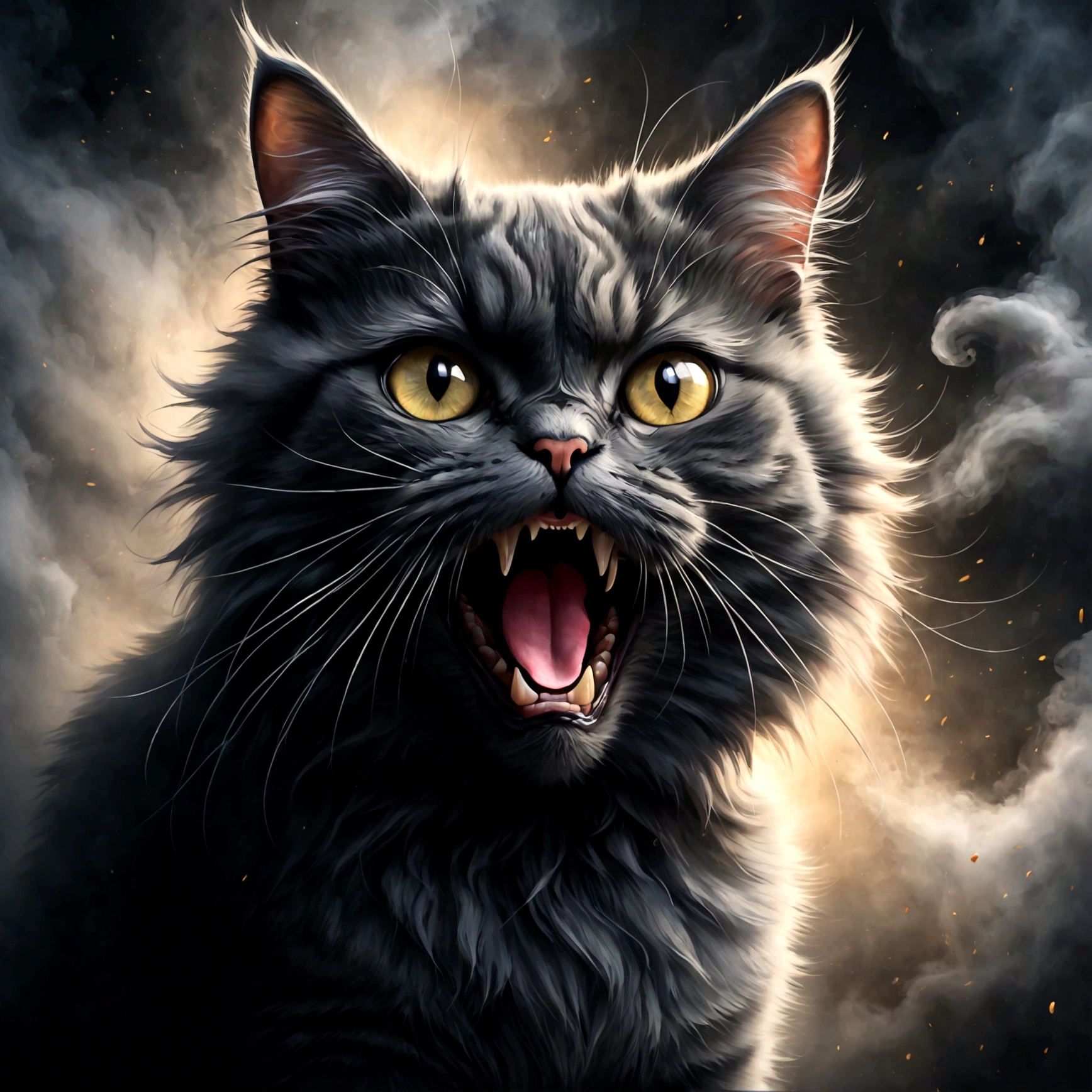 Photo of a cat that hates humans,(Cat 1,Photoreal,focus on reality,disgust that cannot be hidden,((Sense of distrust)),((anger)),((disgust)),cat with open mouth,cat showing fangs,cat's threatening behavior),fluffy cat,anatomically correct