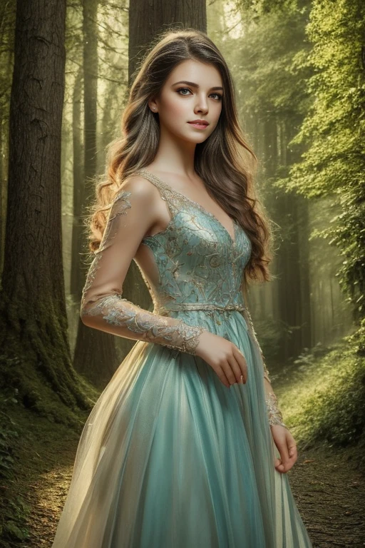 a girl in a fairy tale,1girl,beautiful detailed eyes,beautiful detailed lips,extremely detailed face and features,porcelain skin,long flowing hair,elegant dress,enchanted forest,sunlight filtering through trees,glowing magical orbs,fantasy landscape,mossy rocks,colorful mushrooms,vibrant colors,warm lighting,dreamlike atmosphere,intricate details,photorealistic,award winning digital art,highly detailed,8k,best quality