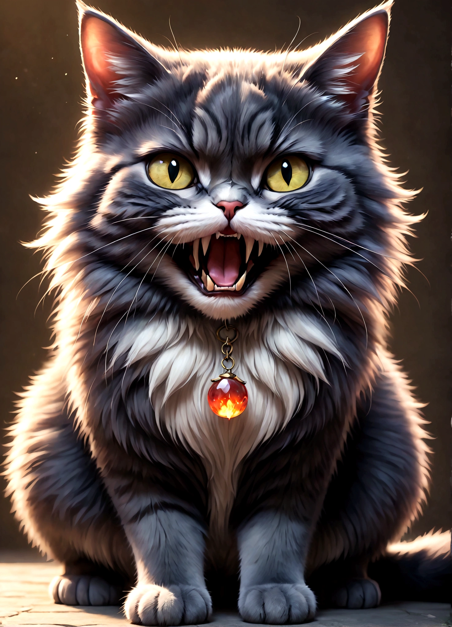 Photo of a cat that hates humans,(Cat 1,Photoreal,focus on reality,disgust that cannot be hidden,((Sense of distrust)),((anger)),((disgust)),cat with open mouth,cat showing fangs,cat's threatening behavior),fluffy cat,anatomically correct