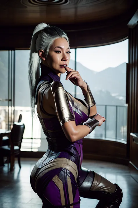 Sindel, from Mortal Kombat 2019, stand in a modern room with minimalist decor, next to a contemporary abstract painting. Her sil...