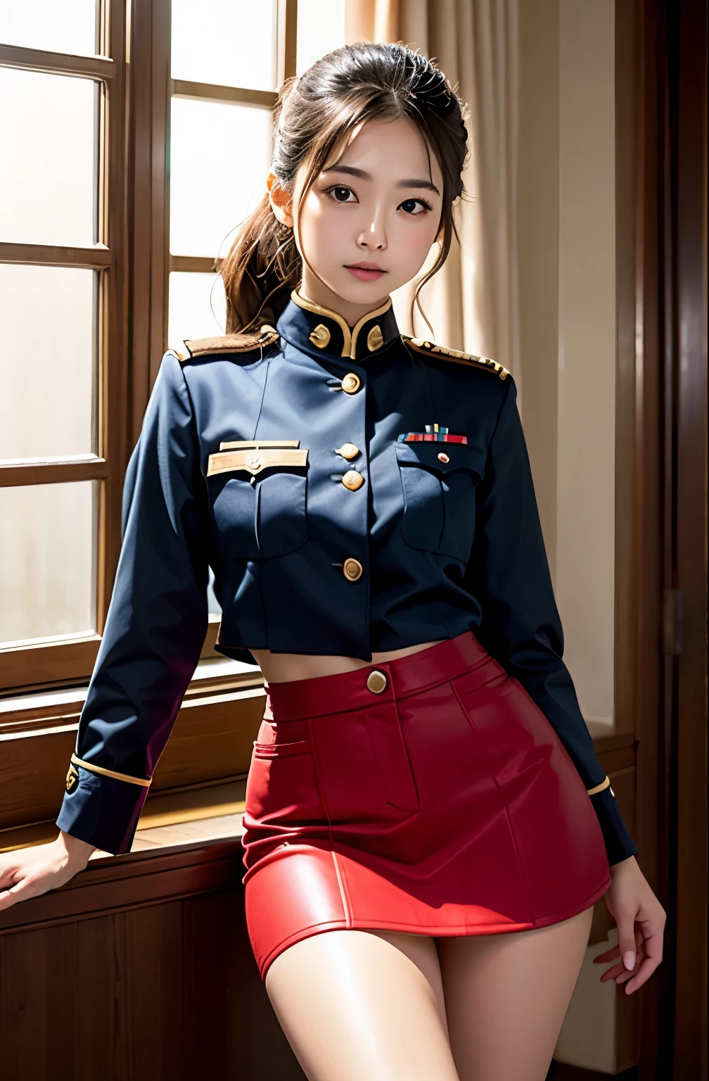 Actual Photos、Highest imYear quality、Realistic、Beautiful woman、White panties and beautiful thighs、Beautiful Face、real imYear、Federal Army Uniform Miniskirt、panties、ponytail、Yuriko Yoshitaka、16YearsJapaneseFemale、Zuo々Ki Nozomi:1.4、pretty girl、Pink pantiesが見える、1６Year、（White panties:1.3）、Ultra mini skirt、Beautiful thighs、Pink panties、赤いミニスカートがめくれてPink pantiesが見えてる