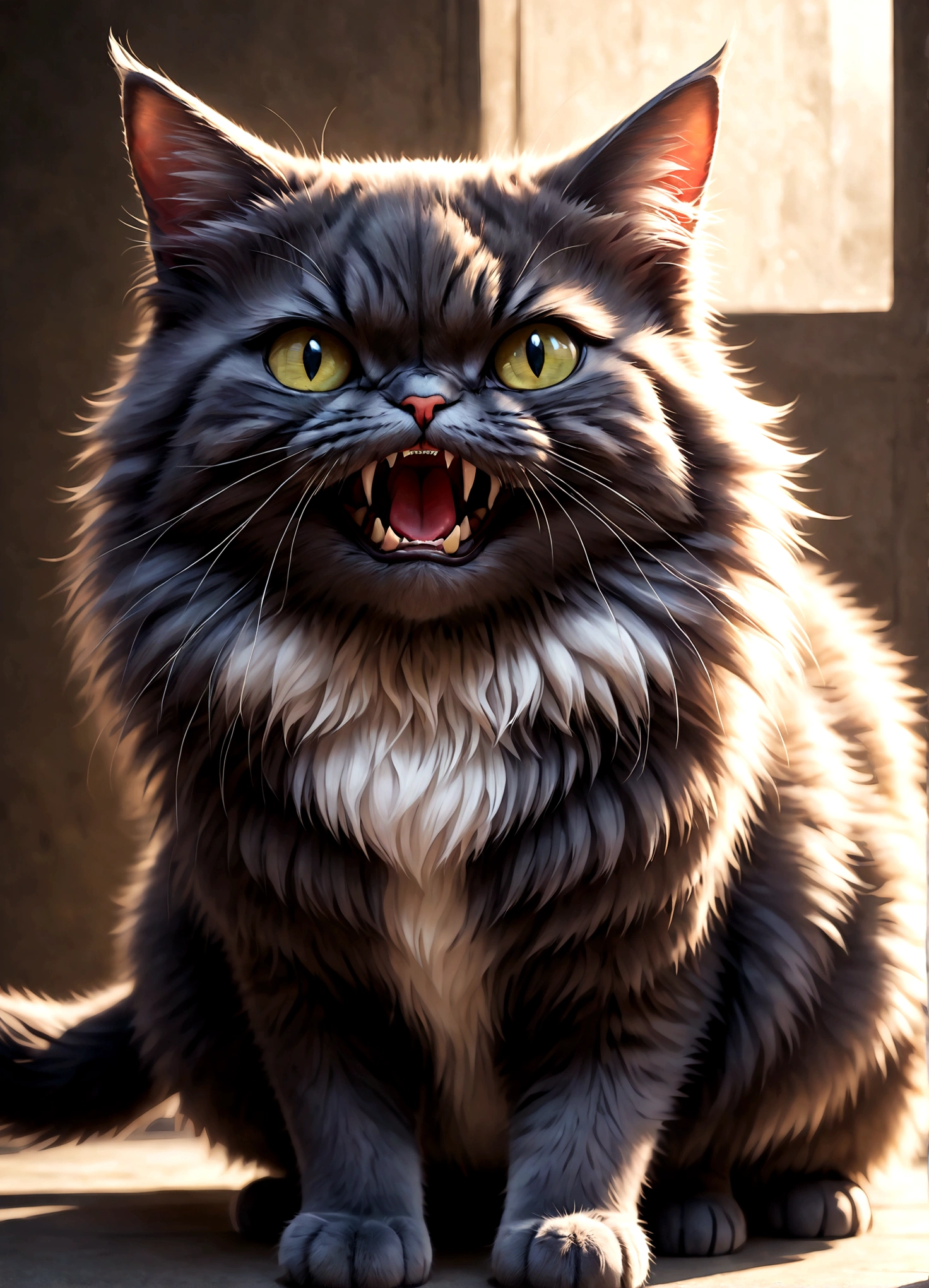 Photo of a cat that hates humans,(Cat 1,Photoreal,focus on reality,disgust that cannot be hidden,((Sense of distrust)),((anger)),((disgust)),cat with open mouth,cat showing fangs,cat's threatening behavior),fluffy cat,anatomically correct