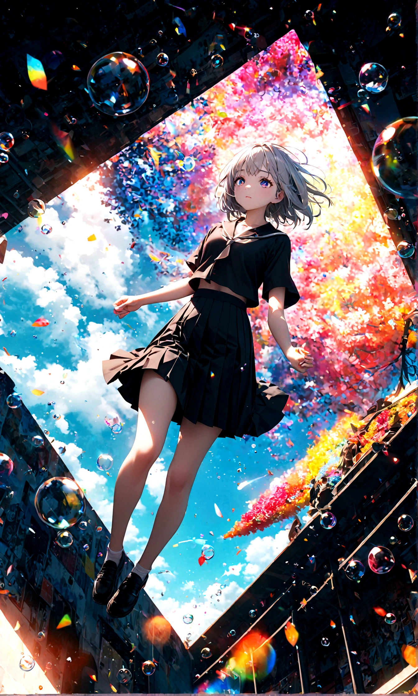 (woman\(student, 20-year-old, ＪＫ, Short silver hair floating, Space-colored eyes, school black uniform, Pale skin) Looking up at the sky), (A large glass-colored whale swims in the air), Beautiful sky, Beautiful Clouds, Colorful summer flowers are blooming everywhere., (Transparent bubbles shine like prisms here and there in the sky), There is a noon moon and a noon star in the sky, In a crowded downtown, BREAK ,quality\(8K,Highly detailed CG unit wallpaper, masterpiece,High resolution,top-quality,top-quality real texture skin,surreal,Increase the resolution,RAW Photos,highest quality,Very detailed,wallpaper,Cinema Lighting,Ray-tracing,Golden Ratio\),(Long Shot),Wide Shot,