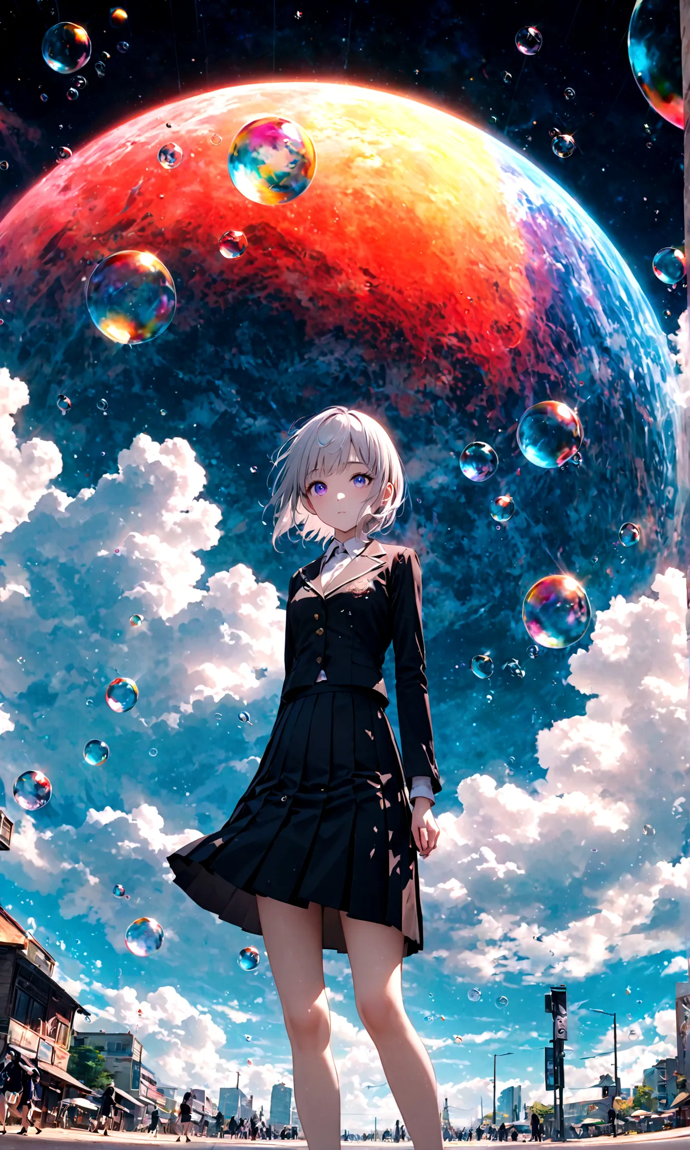 (woman\(student, 20-year-old, ＪＫ, Short silver hair floating, Space-colored eyes, school black uniform, Pale skin) Looking up at...