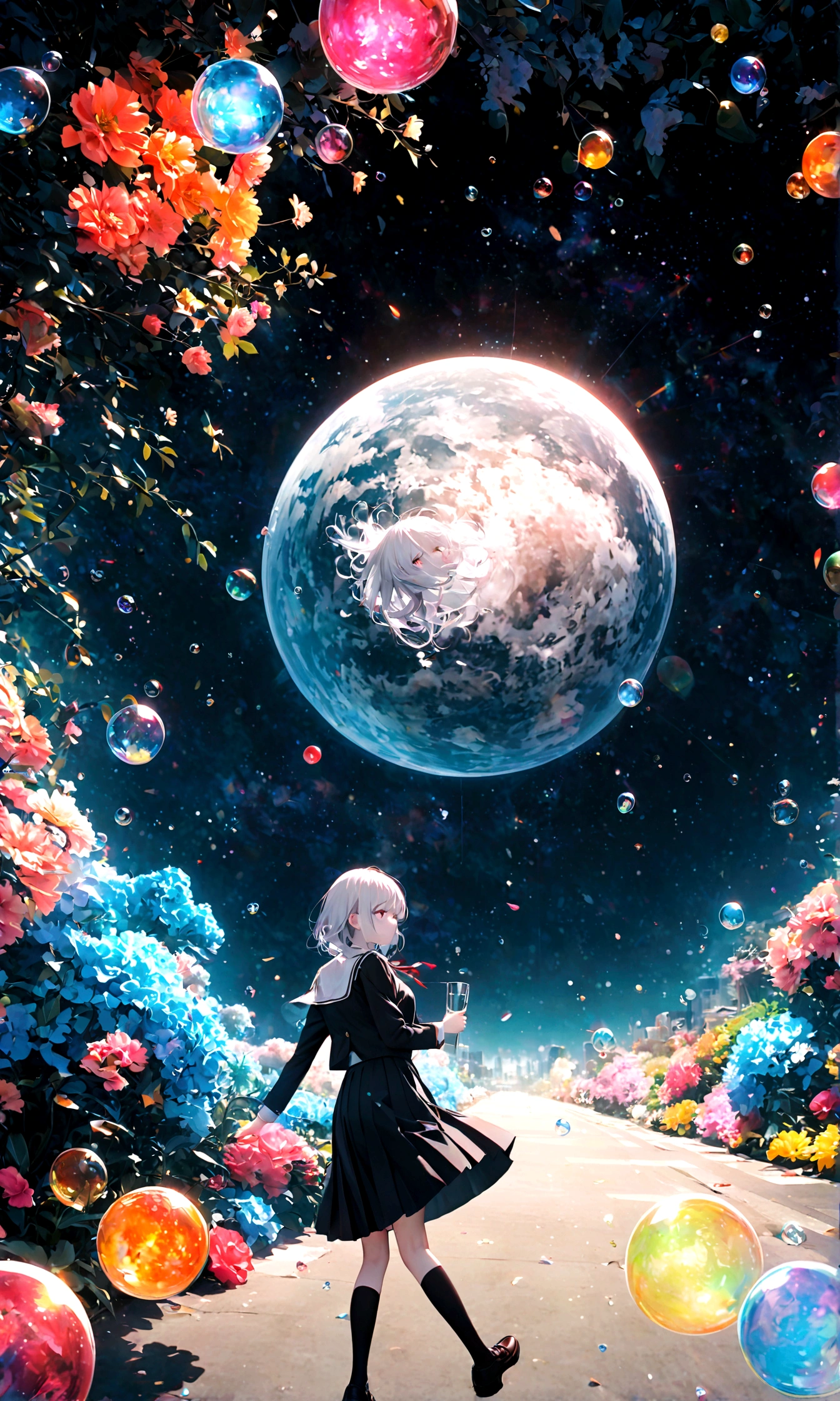 (woman\(student, 20-year-old, ＪＫ, Short silver hair floating, Space-colored eyes, school black uniform, Pale skin) Looking up at the sky), (A large glass-colored whale swims in the air), Beautiful sky, Beautiful Clouds, Colorful summer flowers are blooming everywhere., (Transparent bubbles shine like prisms here and there in the sky), There is a noon moon and a noon star in the sky, In a crowded downtown, BREAK ,quality\(8K,Highly detailed CG unit wallpaper, masterpiece,High resolution,top-quality,top-quality real texture skin,surreal,Increase the resolution,RAW Photos,highest quality,Very detailed,wallpaper,Cinema Lighting,Ray-tracing,Golden Ratio\),(Long Shot),Wide Shot,