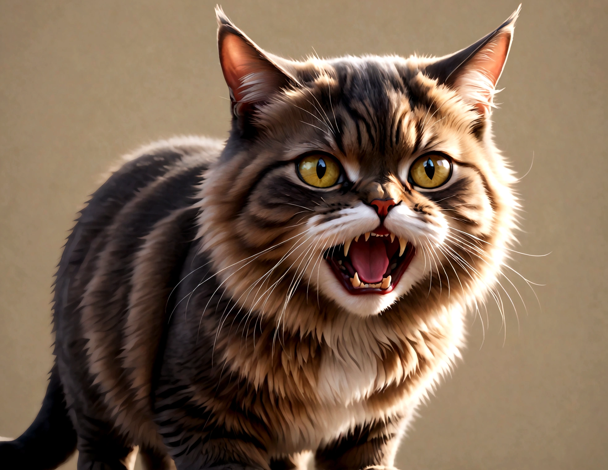 Photo of a cat that hates humans,(Cat 1,Photoreal,focus on reality,disgust that cannot be hidden,((Sense of distrust)),((anger)),((disgust)),cat with open mouth,cat showing fangs,cat's threatening behavior),fluffy cat,anatomically correct