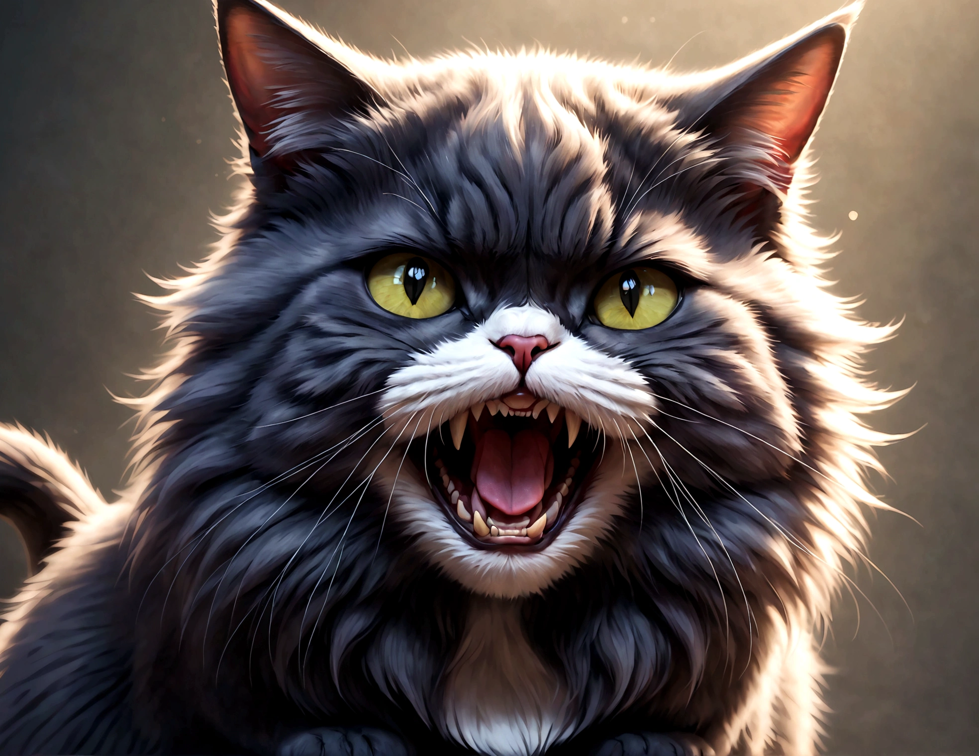 Photo of a cat that hates humans,(Cat 1,Photoreal,focus on reality,disgust that cannot be hidden,((Sense of distrust)),((anger)),((disgust)),cat with open mouth,cat showing fangs,cat's threatening behavior),fluffy cat,anatomically correct