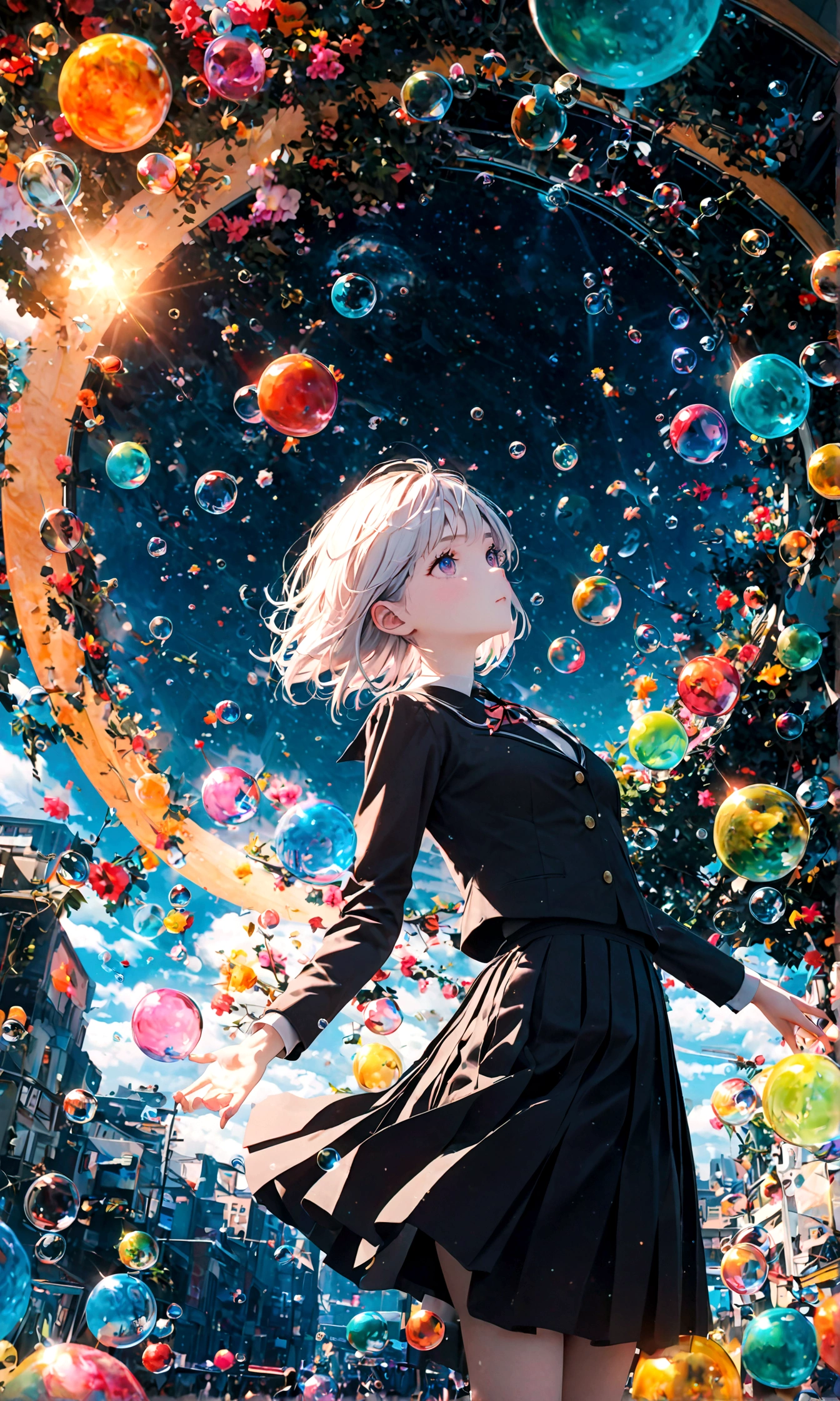 (woman\(student, 20-year-old, ＪＫ, Short silver hair floating, Space-colored eyes, school black uniform, Pale skin) Looking up at the sky), (A large glass-colored whale swims in the air), Beautiful sky, Beautiful Clouds, Colorful summer flowers are blooming everywhere., (Transparent bubbles shine like prisms here and there in the sky), There is a noon moon and a noon star in the sky, In a crowded downtown, BREAK ,quality\(8K,Highly detailed CG unit wallpaper, masterpiece,High resolution,top-quality,top-quality real texture skin,surreal,Increase the resolution,RAW Photos,highest quality,Very detailed,wallpaper,Cinema Lighting,Ray-tracing,Golden Ratio\),(Long Shot),Wide Shot,