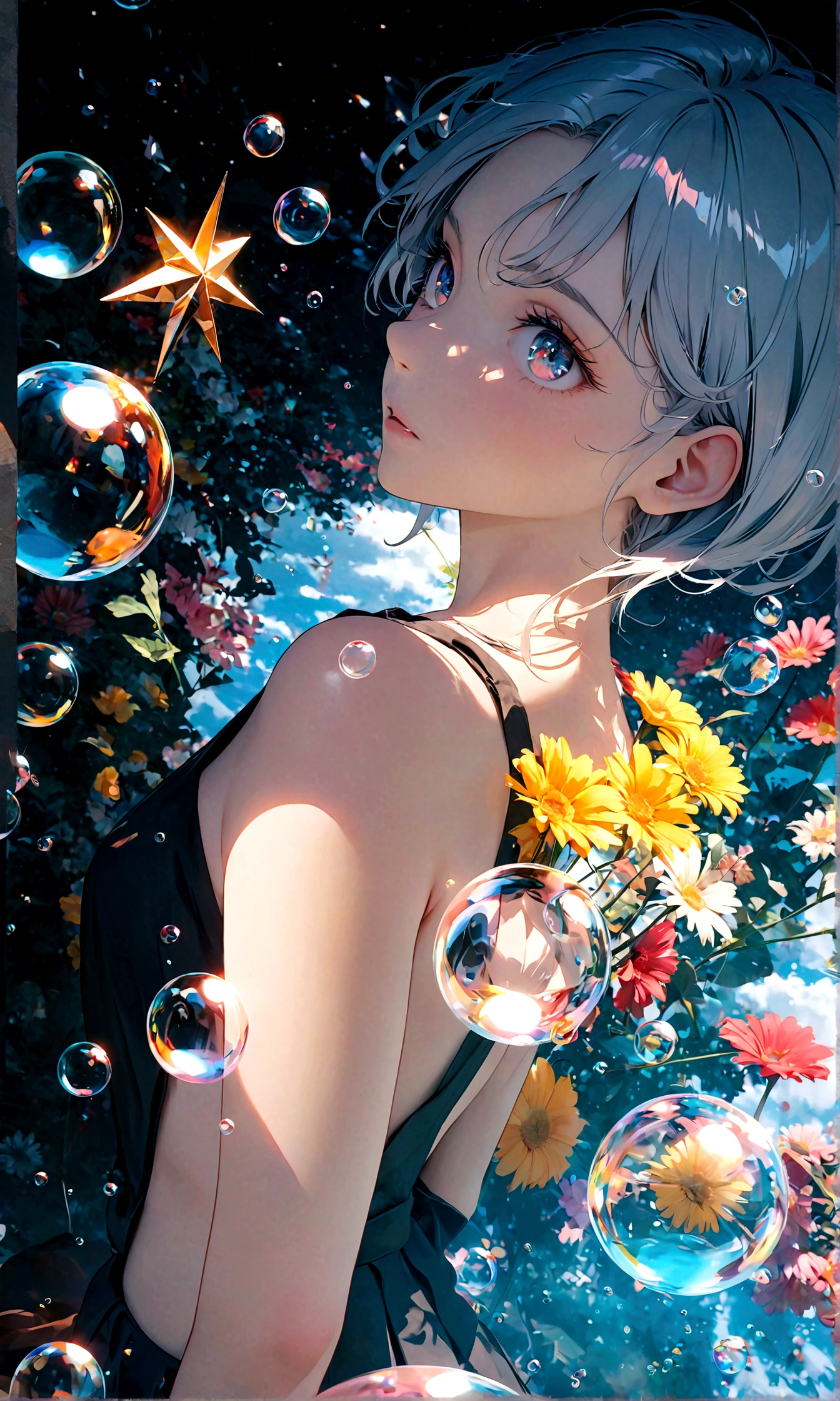 (masterpiece:1.2), (pale_skin:1.2), (alone:1.2), (woman)、(woman\(student, 20-year-old, ＪＫ, Short silver hair floating, Space-colored eyes, school black uniform, paleskin) Looking up at the sky), (A large glass-colored whale swims in the air), Beautiful sky, Beautiful Clouds, Colorful summer flowers are blooming everywhere., (Transparent bubbles shine like prisms here and there in the sky), There is a noon moon and a noon star in the sky, In a crowded downtown, BREAK ,quality\(8K,Highly detailed CG unit wallpaper, masterpiece,High resolution,top-quality,top-quality real texture skin,surreal,Increase the resolution,RAW Photos,highest quality,Very detailed,wallpaper,Cinema Lighting,Ray-tracing,Golden Ratio\),(Long Shot),Wide Shot,