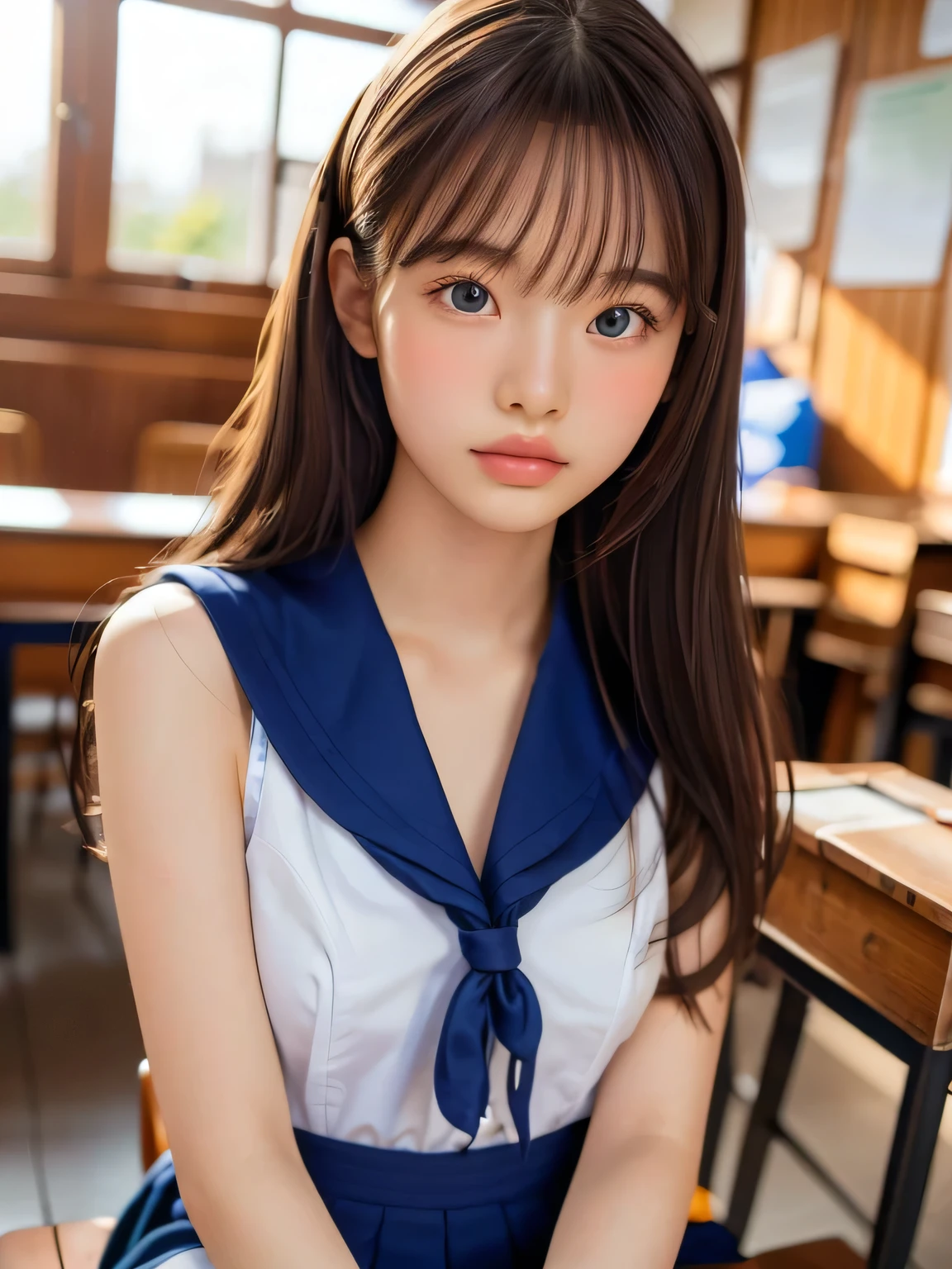 ((masterpiece, highest quality, High resolution)), 1 girl, (Realistic: 1.4), Beautiful face, Beautiful Hair, Beautiful eyes, Glowing Skin, 17 years old, Sailor suit, classroom, Sit on a desk, Side angle, sunshine, Backlight, Professional photographer photography