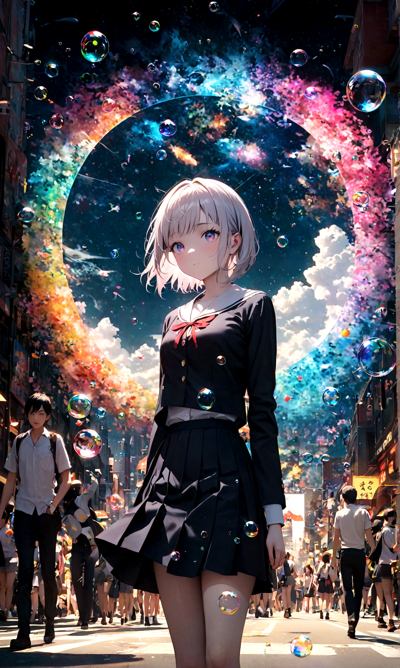 (masterpiece:1.2), (pale_skin:1.2), (alone:1.2), (woman)、(woman\(student, 20-year-old, ＪＫ, Short silver hair floating, Space-colored eyes, school black uniform, paleskin) Looking up at the sky), (A large glass-colored whale swims in the air), Beautiful sky, Beautiful Clouds, Colorful summer flowers are blooming everywhere., (Transparent bubbles shine like prisms here and there in the sky), There is a noon moon and a noon star in the sky, In a crowded downtown, BREAK ,quality\(8K,Highly detailed CG unit wallpaper, masterpiece,High resolution,top-quality,top-quality real texture skin,surreal,Increase the resolution,RAW Photos,highest quality,Very detailed,wallpaper,Cinema Lighting,Ray-tracing,Golden Ratio\),(Long Shot),Wide Shot,