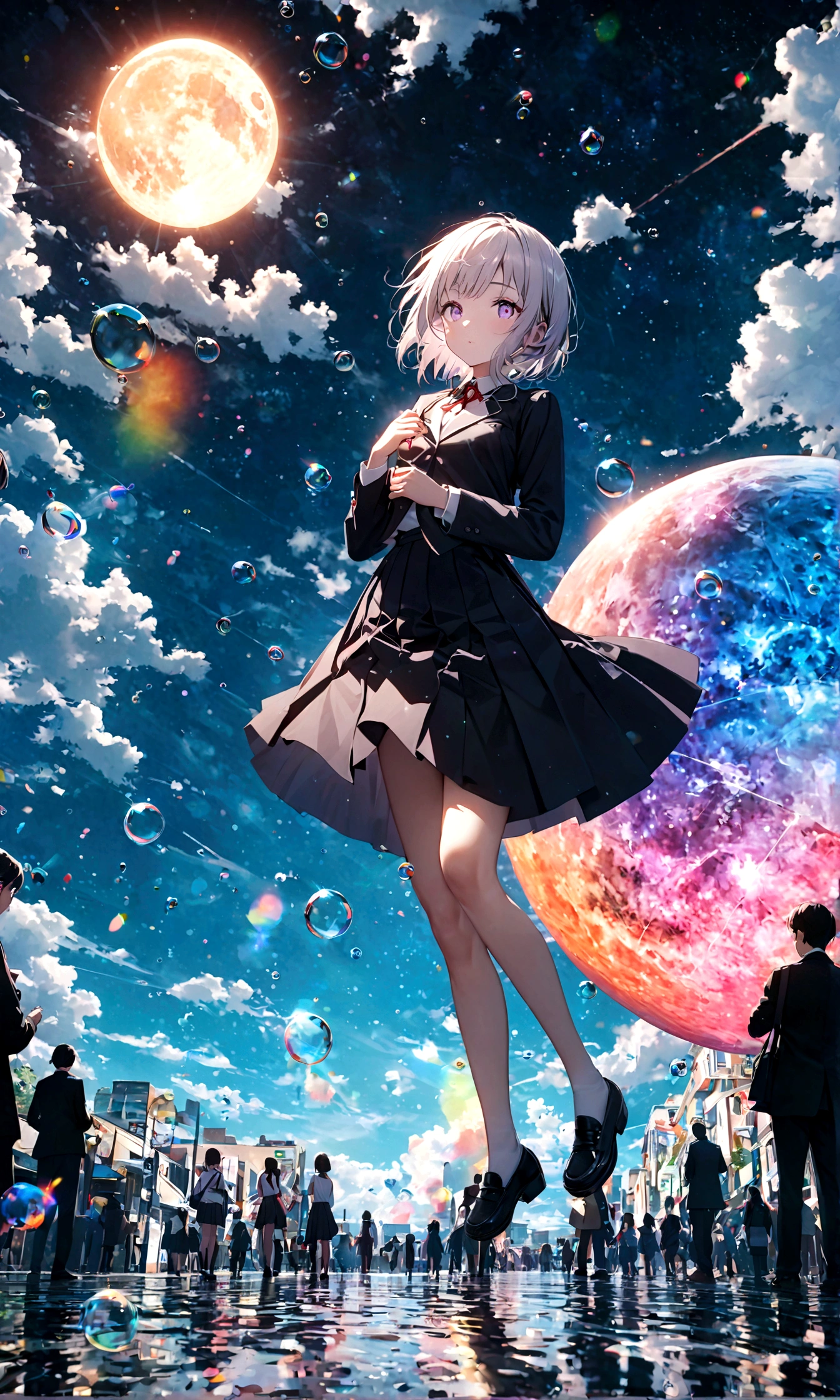 (masterpiece:1.2), (pale_skin:1.2), (alone:1.2), (woman)、(woman\(student, 20-year-old, ＪＫ, Short silver hair floating, Space-colored eyes, school black uniform, paleskin) Looking up at the sky), (A large glass-colored whale swims in the air), Beautiful sky, Beautiful Clouds, Colorful summer flowers are blooming everywhere., (Transparent bubbles shine like prisms here and there in the sky), There is a noon moon and a noon star in the sky, In a crowded downtown, BREAK ,quality\(8K,Highly detailed CG unit wallpaper, masterpiece,High resolution,top-quality,top-quality real texture skin,surreal,Increase the resolution,RAW Photos,highest quality,Very detailed,wallpaper,Cinema Lighting,Ray-tracing,Golden Ratio\),(Long Shot),Wide Shot,