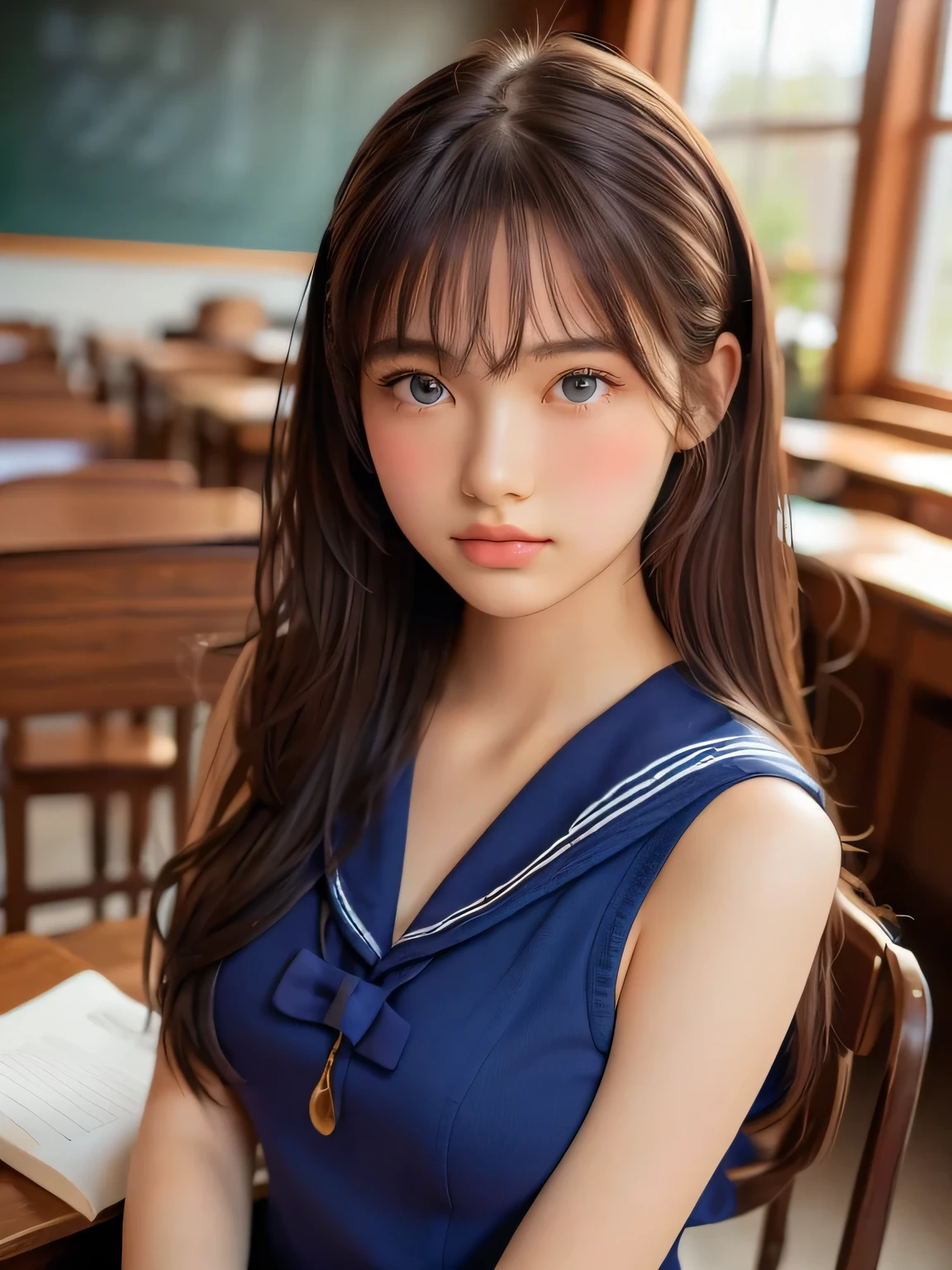 ((masterpiece, highest quality, High resolution)), 1 girl, (Realistic: 1.4), Beautiful face, Beautiful Hair, Beautiful eyes, Glowing Skin, 17 years old, Sailor suit, classroom, Sit on a desk, Side angle, sunshine, Backlight, Professional photographer photography