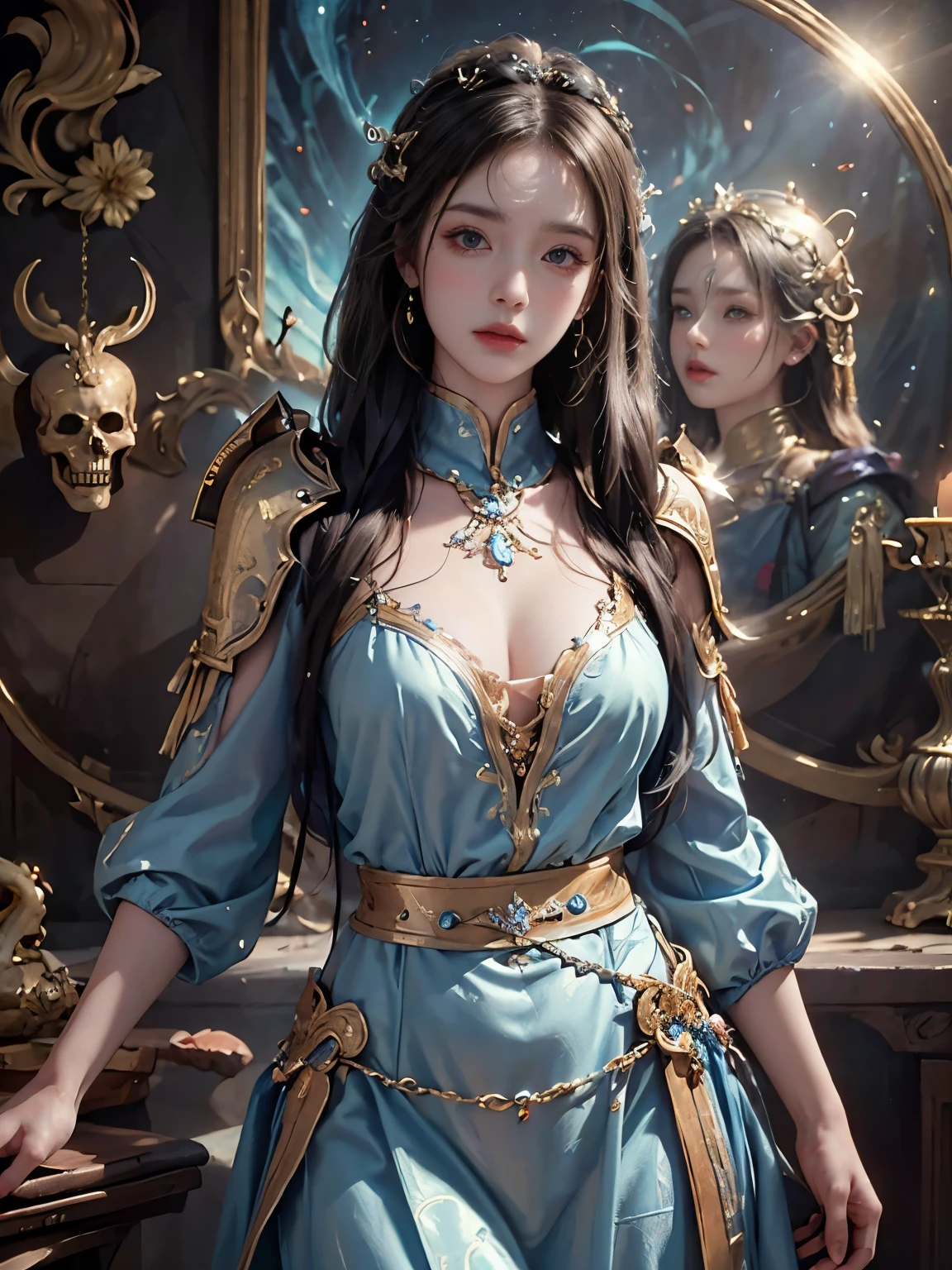 galaxy alice,alone,One girl,Are standing,Long Hair,Upper Body,Blonde,(8k, highest quality, masterpiece: 1.2), (Realistic, photoRealistic: 1.37), Super detailed, One Girl, Paladin with a sword imbued with light, Wide viewing angles, huge firm bouncing bust, Very delicate depiction, Miniature painting, Detailed depiction of the face, Detailed depiction of hair, Accurate skeleton, Dress with intricate patterns