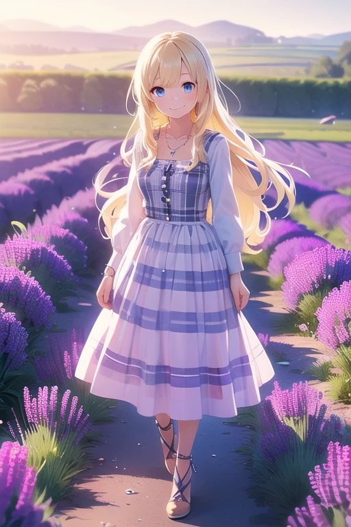 ((highest quality)), ((masterpiece)), (detailed), Perfect Face, anime, Ultra-fine illustration, ((1 person)), Cute girl, smile, (Lavender Fields:1.2), summer, ((Cute checked long skirt)), White blouse, necklace, Blonde Long Hair, Blue Eyes, Full Body Shot,