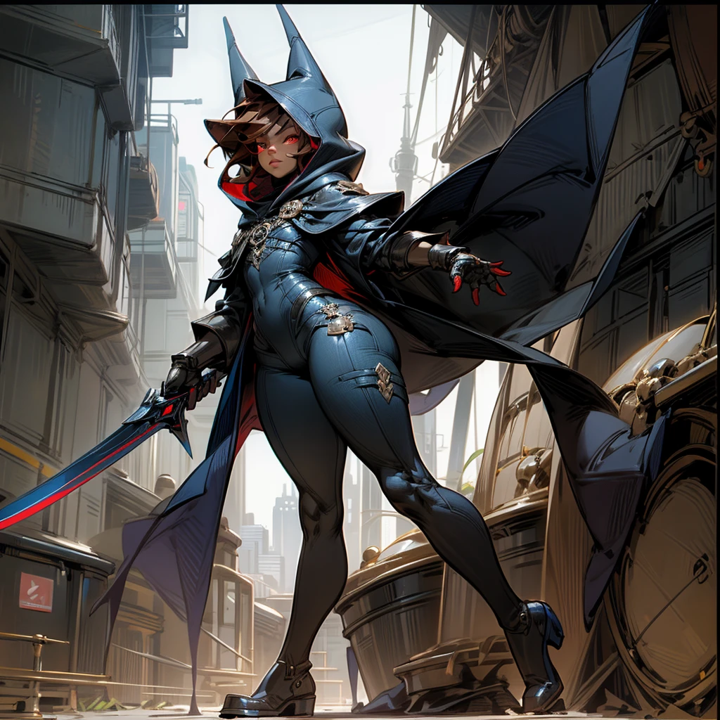 1boy, Femboy, superhero, crossdresser man, teenager, with a dark blue with red accents full body Spandex crow themed suit, with a blue cape, a blue glowing decal in the chest, black gloves and black boots that resemble crow feet, and a hoodie, long technological red sword, brown skinned, red eyes, feminine shoulder length dark brown hair, wide hips, thick thighs , flat chest, narrow waist, walking down street a futuristic city at night ((only one character))