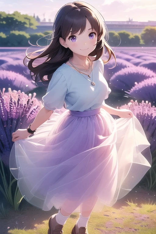 ((highest quality)), ((masterpiece)), (detailed), Perfect Face, anime, Ultra-fine illustration, ((1 person)), Cute girl, smile, (Lavender Fields:1.2), summer, ((Cute tulle long skirt)), Tulle Chiffon, White blouse, White socks, necklace, watch, Brown loafers, Brown long hair, Iris, Full Body Shot,