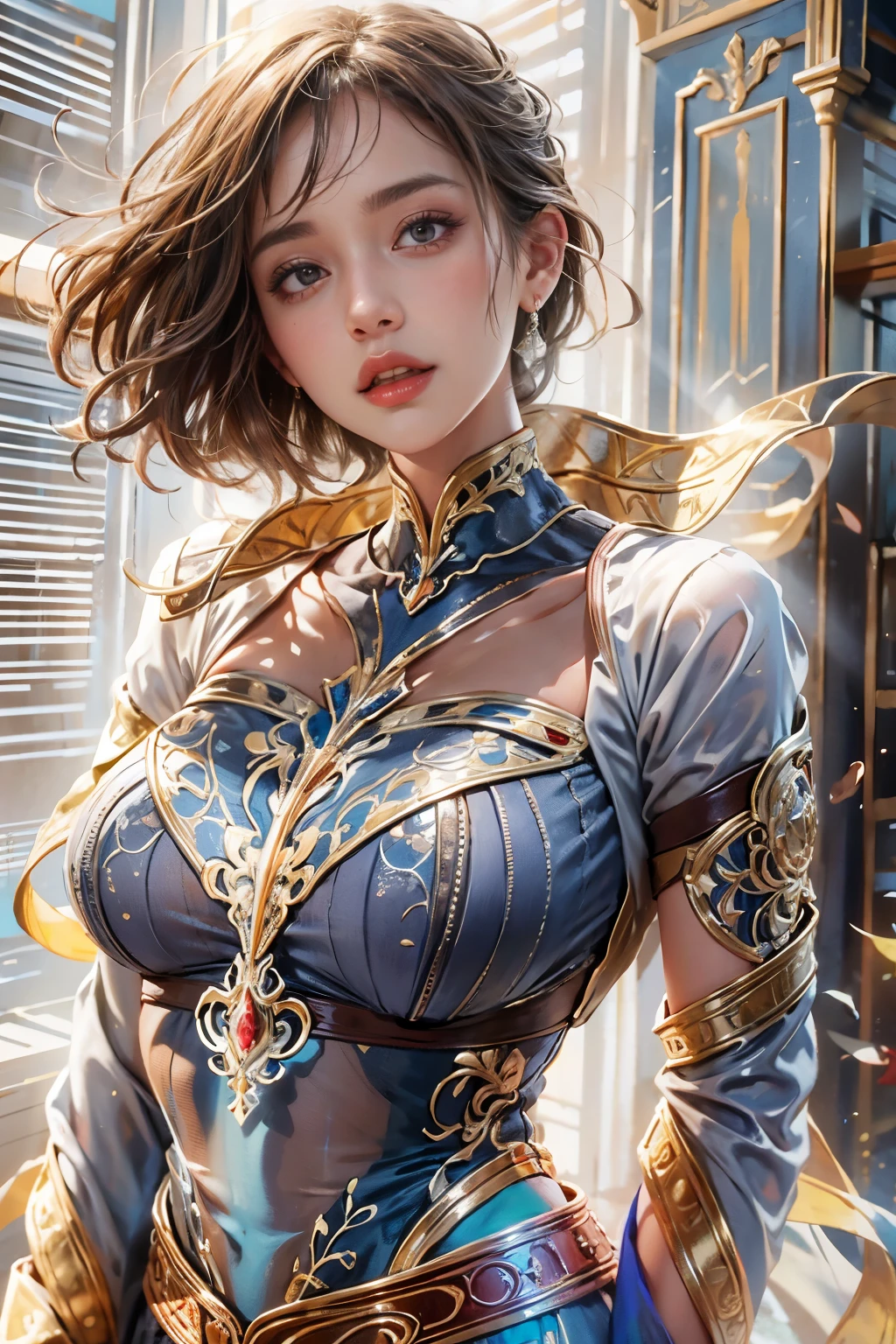 highest quality, Realistic, photoRealistic, Award-winning illustrations, (Intricate details: 1.2), (Subtle details), (Intricate details), (Cinematic Light, Super sexy short hair super girl, huge firm bouncing bust