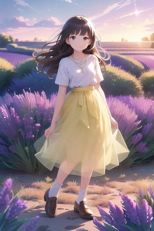 ((highest quality)), ((masterpiece)), (detailed), Perfect Face, anime, Ultra-fine illustration, ((1 person)), Cute girl, smile, (Lavender Fields:1.2), summer, ((Yellow long skirt)), Tulle Chiffon, White blouse, White socks, necklace, watch, Brown loafers, Brown long hair, Iris, Full Body Shot,