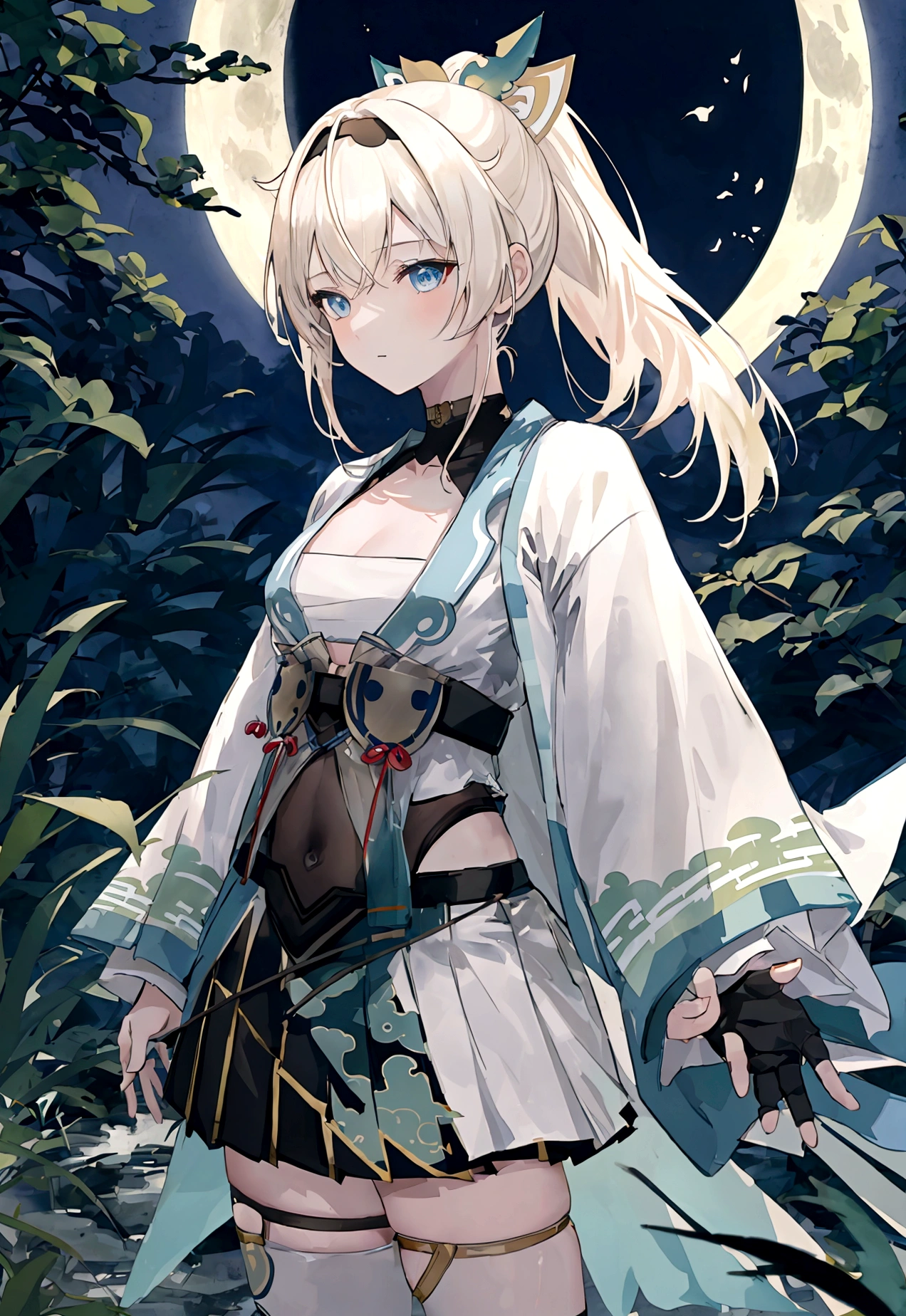 long shot, moon, 1girl, weapon, sword, solo, male focus, night, blue theme, full moon, katana, japanese clothes, nature, long hair, tree, standing, night sky, silhouette, holding, sky, holding sword, leaf, sheath, holding weapon, ponytail, outdoors, forest, water, monochrome, star (sky), moonlight, kazama iroha, blonde hair, fingerless gloves, japanese clothes, white thighhighs, haori, black gloves, bangs, pleated skirt, ponytail, chest sarashi, blue eyes, black hairband, hair ornament, leaf hair ornament, long sleeves, covered navel, breasts