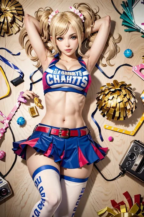 julietchainsaw, 1girl, solo, blonde hair, cheerleader, midriff, candy, twintails, thighhighs, blue eyes, navel, crop top, skirt,...