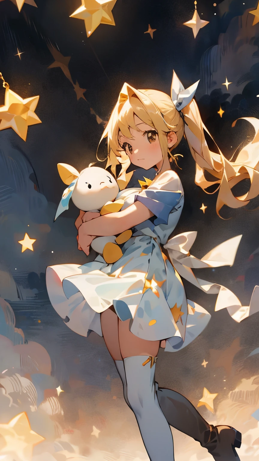 16-year-old girl、One girl,Hug a stuffed animal、白いHug a stuffed animal、Expressionless、Fantastic look、Fairy, Pointed Ears, masterpiece, highest quality, High resolution, Lucy Heartfilia, Lucy Heartfilia, One girl, alone, Blonde Hair, Brown eyes, Long Hair, Side Ponytail, Hair Ribbon, Big Breasts, Earrings, Thigh-high boots, Blue Shirt, No sleeve, White Skirt, Dark Background, starlight, star,starをすくう、手のひらでstarを救い上げる