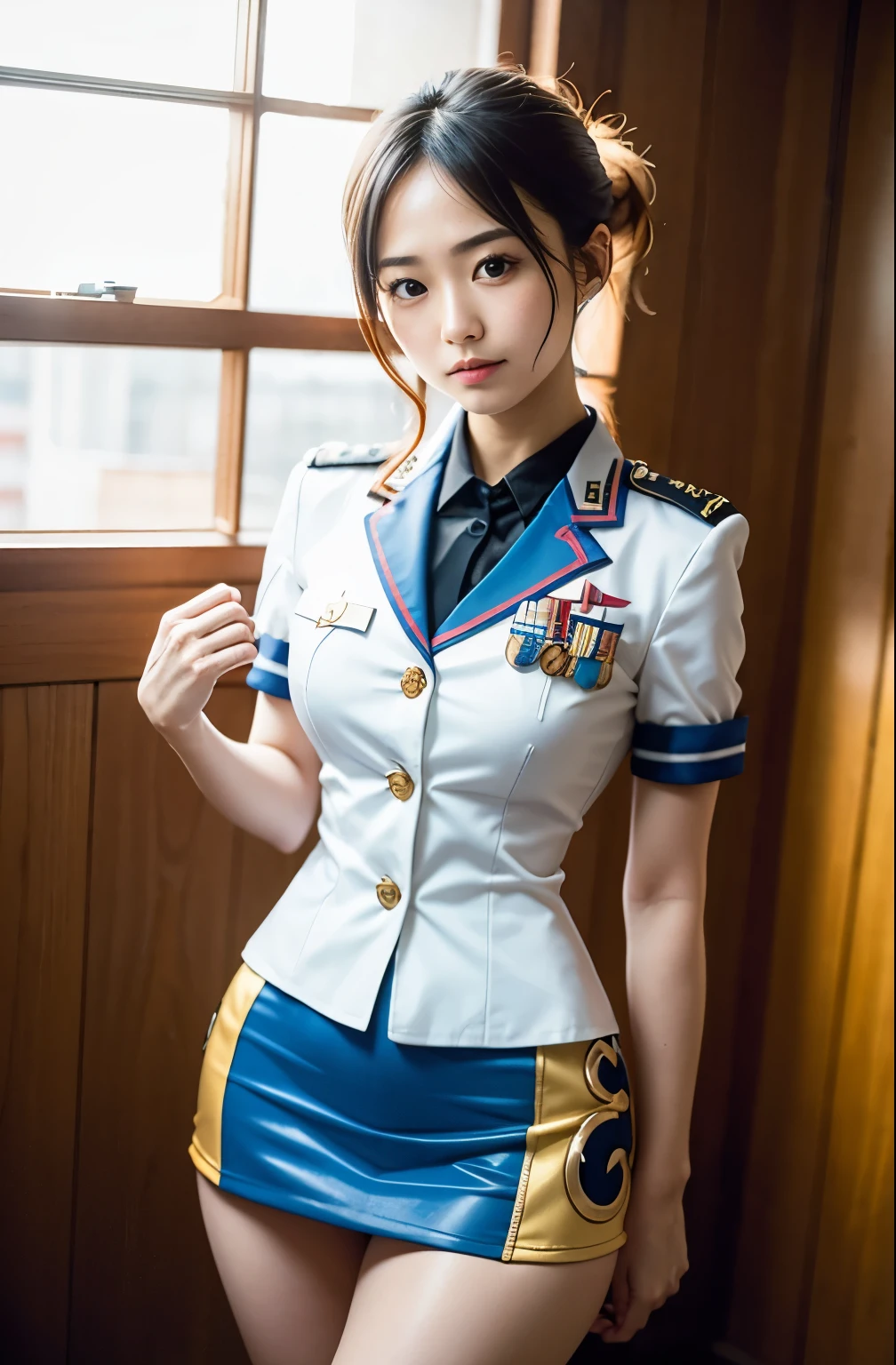 Actual Photos、Highest imYear quality、Realistic、Beautiful woman、白いpantiesとBeautiful thighs、Beautiful Face、real imYear、Federal Army Uniform Miniskirt、panties、ponytail、Yuriko Yoshitaka、16Year日本人女性、Zuo々Ki Nozomi:1.4、pretty girl、ピンクのpantiesーが見える、1６Year、（白いpantiesー:1.3）、Ultra mini skirt、Beautiful thighs、ピンクのpantiesー、赤いミニスカートがめくれてピンクのpantiesーが見えてる