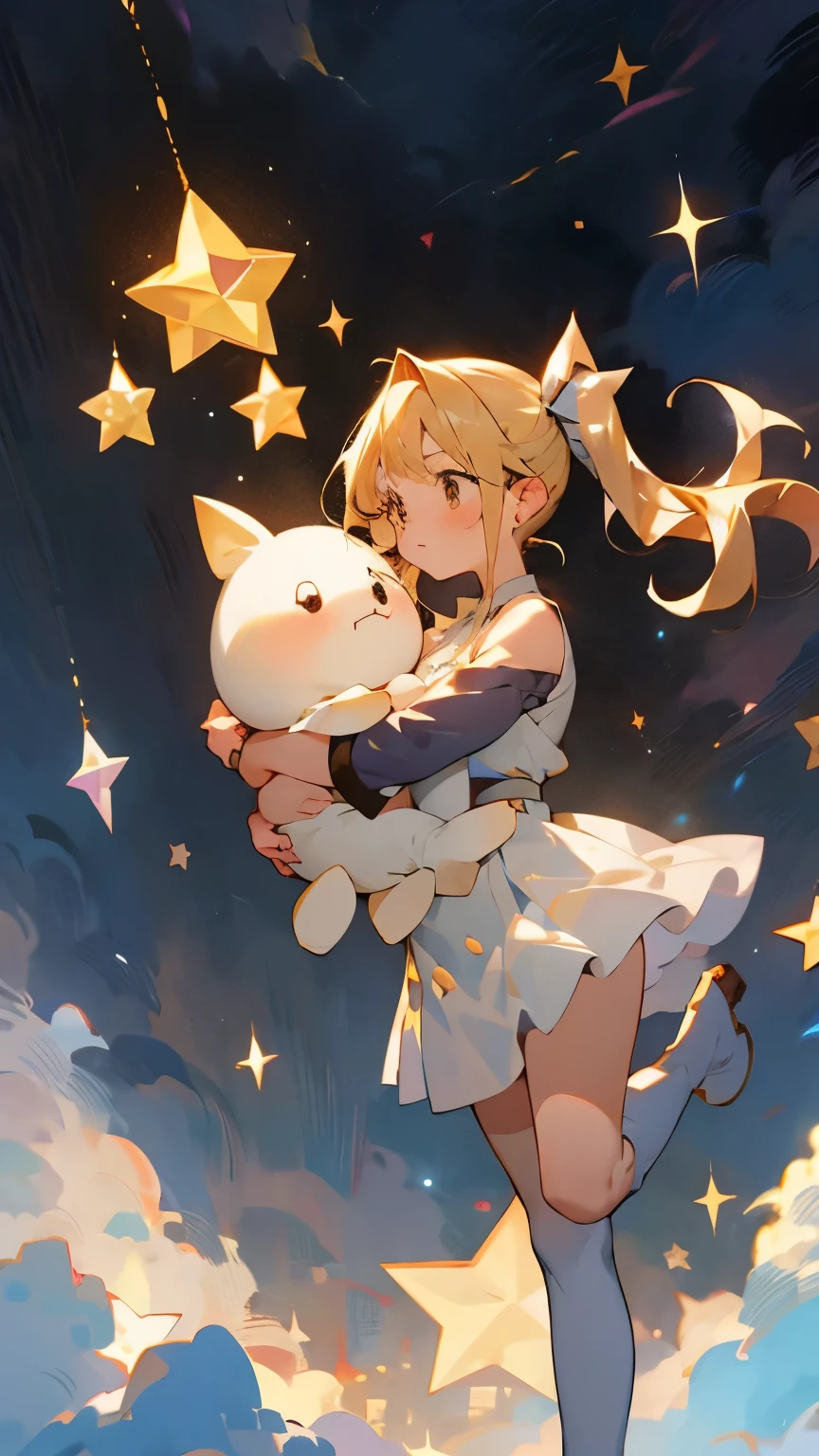 16-year-old girl、One girl,Hug a stuffed animal、白いHug a stuffed animal、Expressionless、Fantastic look、Fairy, Pointed Ears, masterpiece, highest quality, High resolution, Lucy Heartfilia, Lucy Heartfilia, One girl, alone, Blonde Hair, Brown eyes, Long Hair, Side Ponytail, Hair Ribbon, Big Breasts, Earrings, Thigh-high boots, Blue Shirt, No sleeve, White Skirt, Dark Background, starlight, star,starをすくう、手のひらでstarを救い上げる