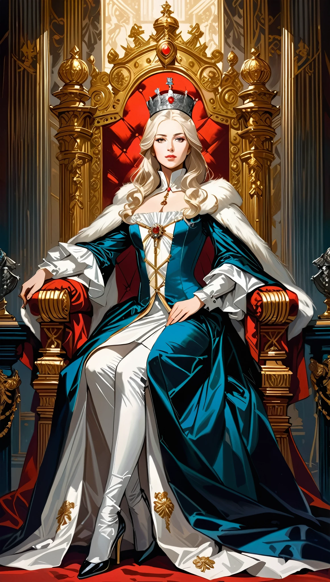 (in style of Ashley Wood:0.9),Catherine II，Female emperor, elegant posture, regal outfit, powerful and confident expression, beautiful detailed eyes, beautiful detailed lips, intricate crown, luxurious throne, historical setting, oil painting style, realistic, vibrant colors, dramatic lighting, masterpiece:1.2
