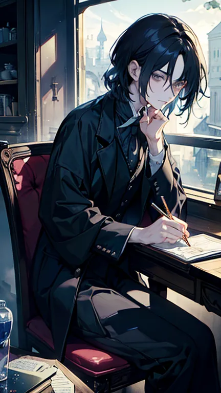 severus snape, sitting at desk, writing on paper, open books on desk, looking at viewer, annoyed look, handsome, slight blush, p...