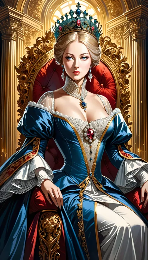 (in style of Aaron Horkey:0.9),Catherine II，Female emperor, elegant posture, regal outfit, powerful and confident expression, be...