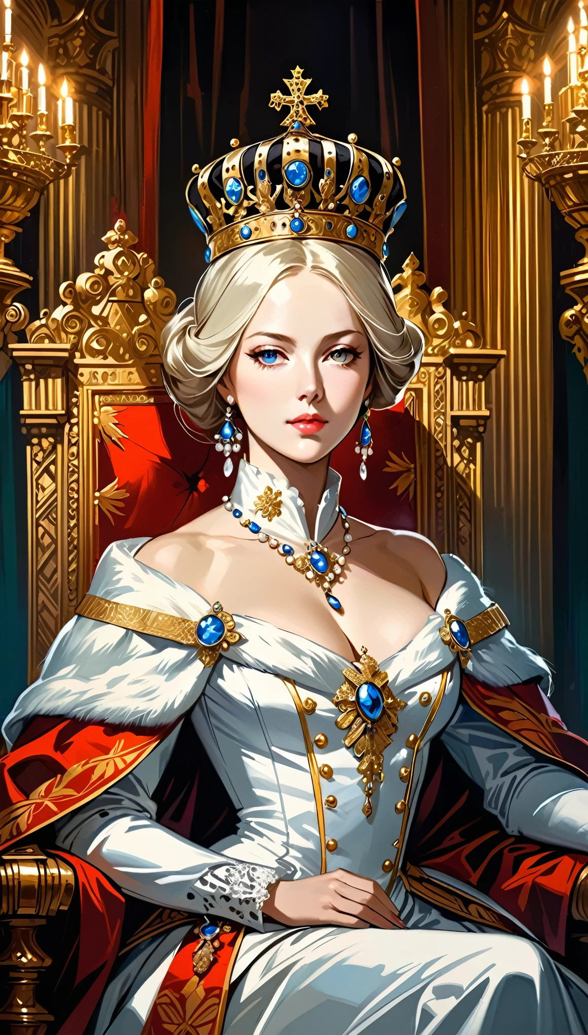 (in style of Ashley Wood:0.9),Catherine II，Tsarist style，Female emperor, elegant posture, regal outfit, powerful and confident expression, beautiful detailed eyes, beautiful detailed lips, intricate crown, luxurious throne, historical setting, oil painting style, realistic, vibrant colors, dramatic lighting, masterpiece:1.2