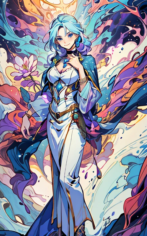 (Masterpiece, Top quality, Best quality, Beautiful and aesthetic:1.2), (1girll:1.3),( Flat color:1.3), high resolution, Extremely detailed, Original, Colorful, colored splashing, spatter, Atmospheric perspective, short length neon blue hair, icy blue white eyes, goth aesthetic, slutty witch, purple magic swirls, white braid in hair, bracelet jewelry, fishnet outfit, smiling for a picture, selfie, fangy smile, posing in a flower meadow, dynamic lighting, dramatic lighting