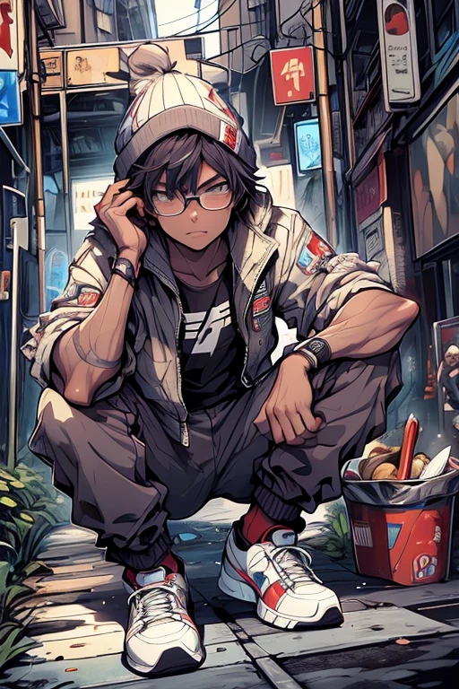 nerdy boy, black hair, brown eyes, big nose, prominent teeth, thick glasses, dental braces, blue beanie, denim jacket, purple t-shirt, beige balloon pants, white socks, red sneakers, sitting on the sidewalk, grinding, with a deep look of disgust, broken skateboard next door, comedy anime, dramatic, cinematic, masterpiece, full body, HD8K,