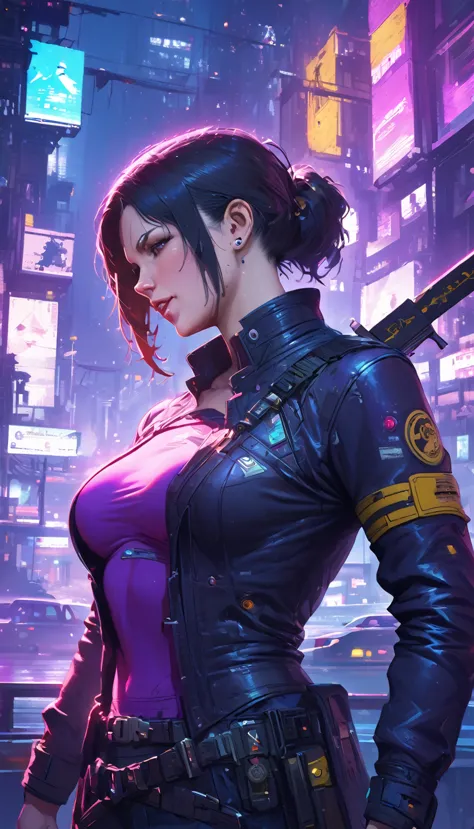 Beautiful woman, anti hero wearing black and purple uniform, laser katana sword in hand, white skin, long black hair, portrait, ...