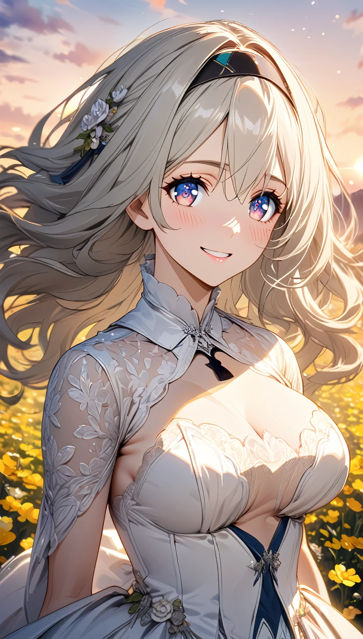 beautiful girl, long grey hair, beautiful face,smiling,close up to hips, beautiful breast, in the middle of flowers field, wearing beautiful wedding dress, (open mouth:0.4),illustration,detailed textures(realists),ultra-detailed,portrait style,vivid colors,soft lighting, blushing, mature, hair fluttering, evening light , head band, keyhole cleavages , no bras