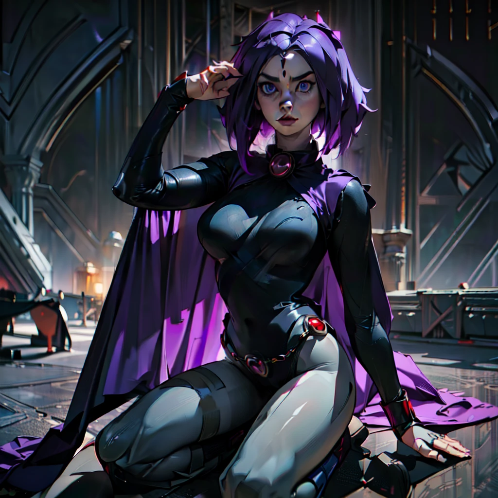 solo (((raven)cosplay))), hotraven, rvn (from DC comics), perfect face, detailed eyes, wide hips, cute seductive sensual perfect body, black leotard (((background can be seen gloomy place)), full body 8k, hyper realistic, ((( as Unreal Engine rendering))) (big breast) everything that looks like a 3d render (((on an empty background)))