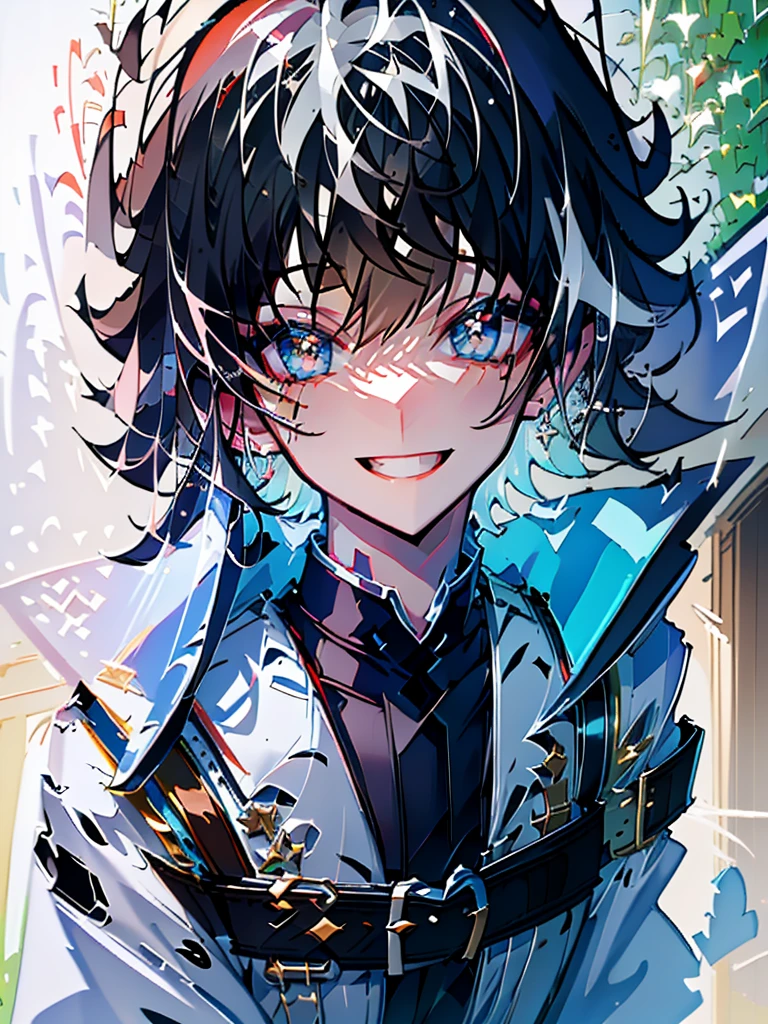 ((absurdres)), hd, uhd, (((HDR))), ((best quality)), (ultra high quality), (hi-res), (cowboy shot), ((1boy)), charlemagne\(fate\), black hair, blue eyes, multicolored hair, two-tone hair, ((happy expression)), (smiling), cute, facing camera, ((looking up at camera)), ((dynamic)), medieval city, outside, medieval buildings, cobblestone sidewalk, daytime, additional lighting, sunlight on face, noon, bright sun, medieval city scenery, birds