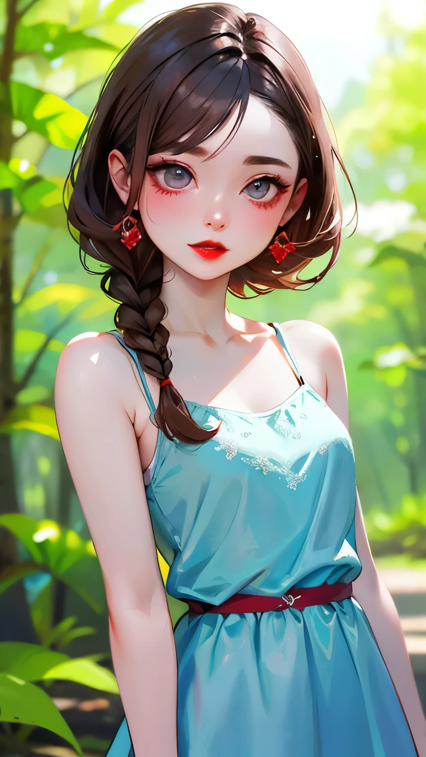 highest quality、masterpiece、Perfect Anatomy、Upper body from the knee up、One Girl、Cute Face、Red eyeshadow、Red lipstick、Red cheeks and nose、White skin、Grey Eyes、Brown Hair、Braided Hair、Highly detailed hairstyle、Camisole dress、Light blue dress、Blurred Background、Forest bathing、Promenade、High quality details、Portrait