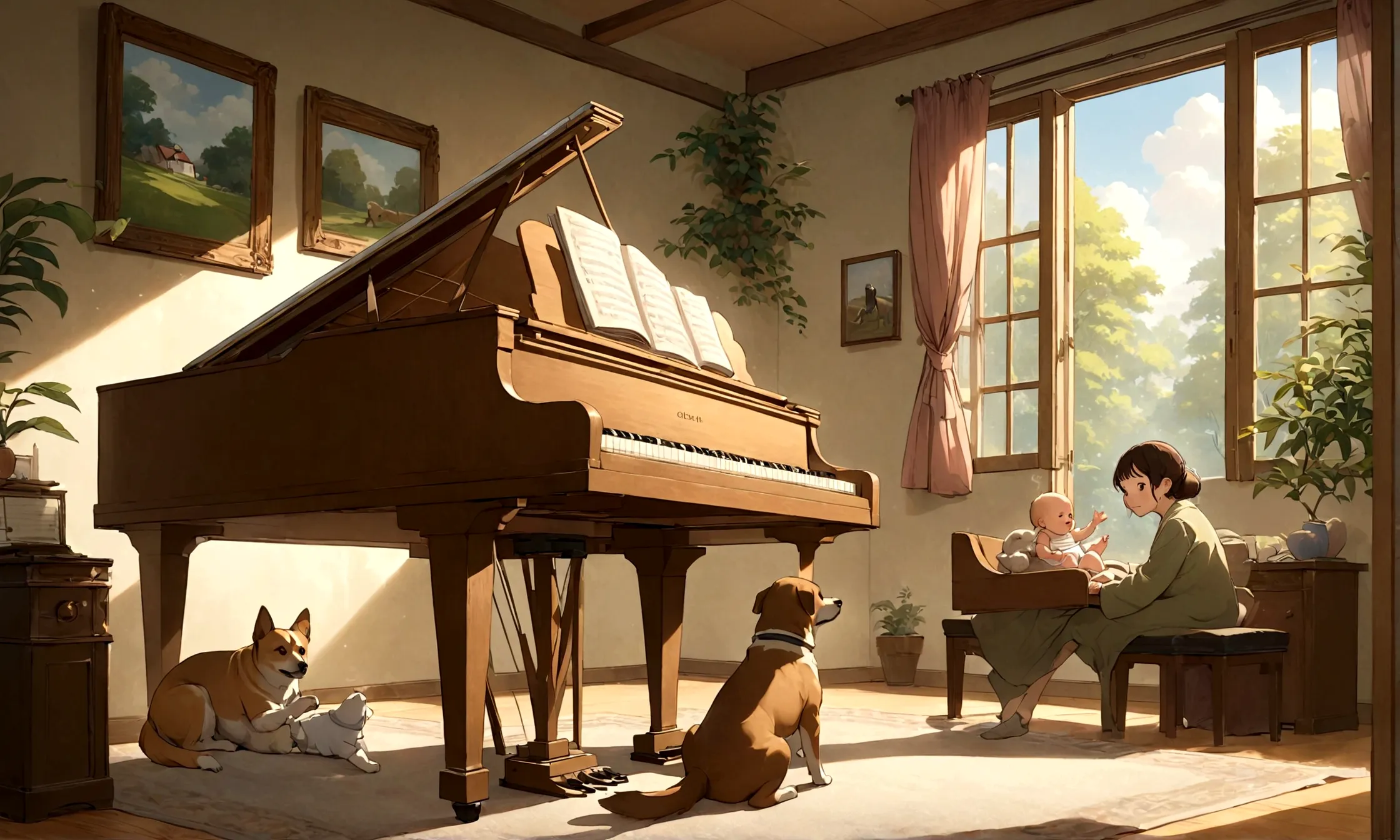 create an image in a studio ghibli-inspired style featuring a dog playing the piano while a human baby listens and relaxes nearb...