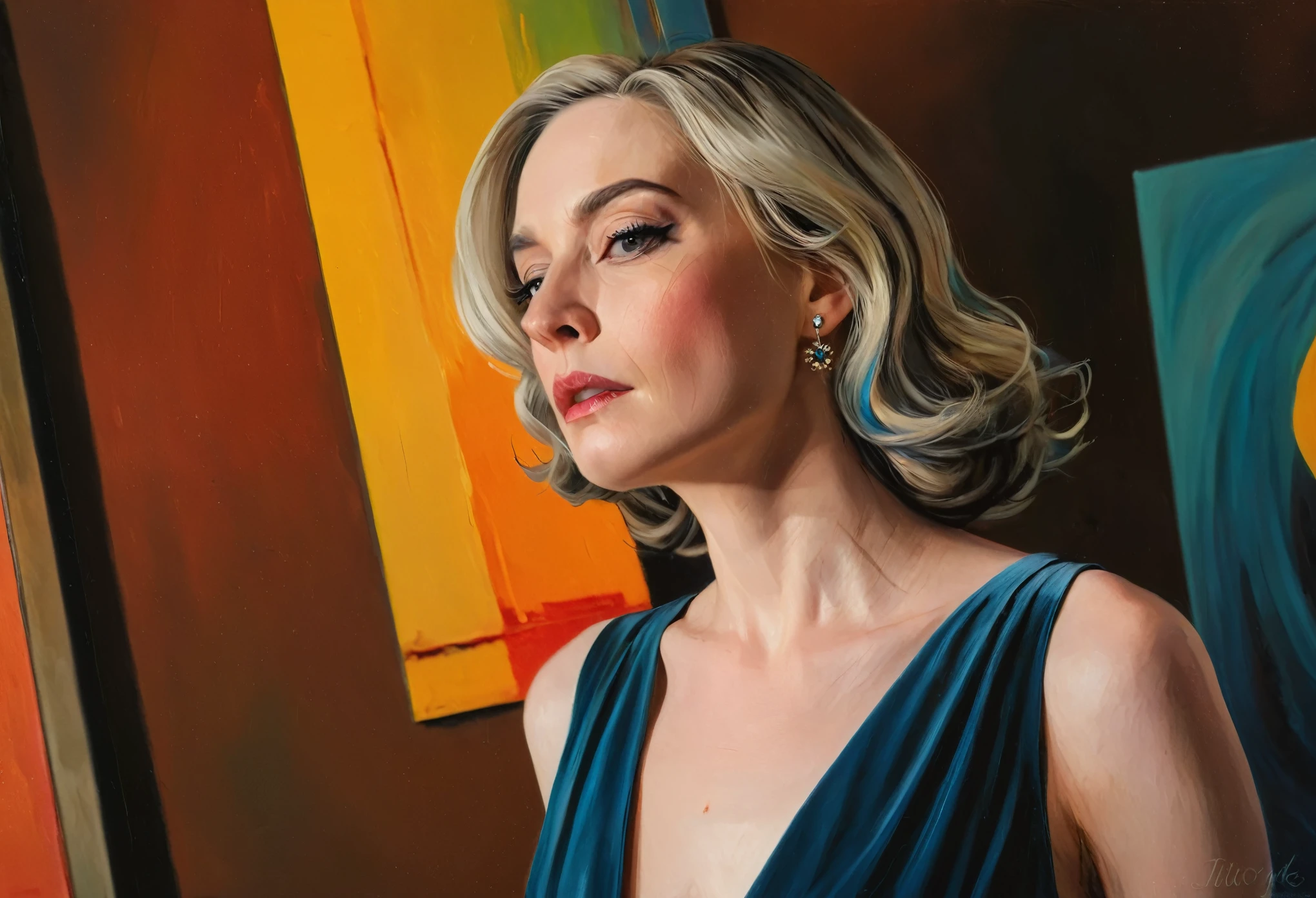 a disgusted Looking mature aristocratic woman, pale skin, slicked-back hair, elegant and stern expression, high cheekbones, piercing eyes, pursed lips, elegant dress, dramatic lighting, cinematic composition, oil painting, chiaroscuro, photorealistic, 8k, masterpiece, hyper detailed, dramatic contrast, cool color palette