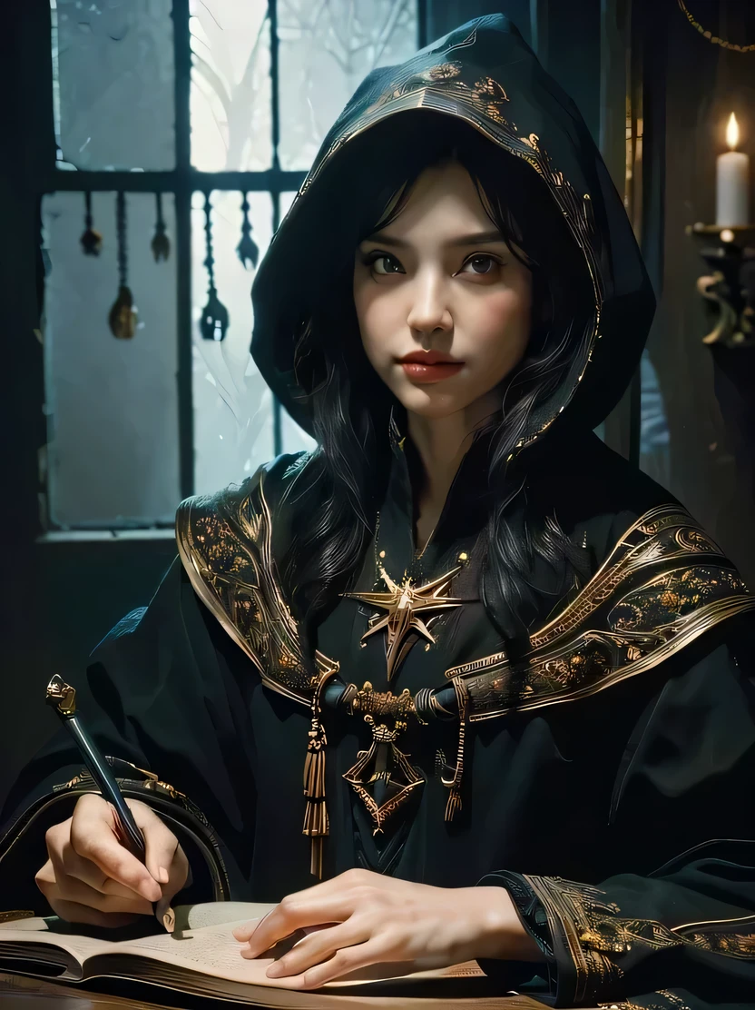 ((masterpiece、highest quality、Very detailed、High resolution、Photorealistic、Sharp Focus))、Bust Shot、Focus from the chest up、Handsome mature female wizard wearing a charming hood、(Black Hair、Handsome face、Sharp Eye)、Dark atmosphere、Viewer Perspective、Detailed depiction of a hand、Wizardrobe、Wizardrope、oil painting