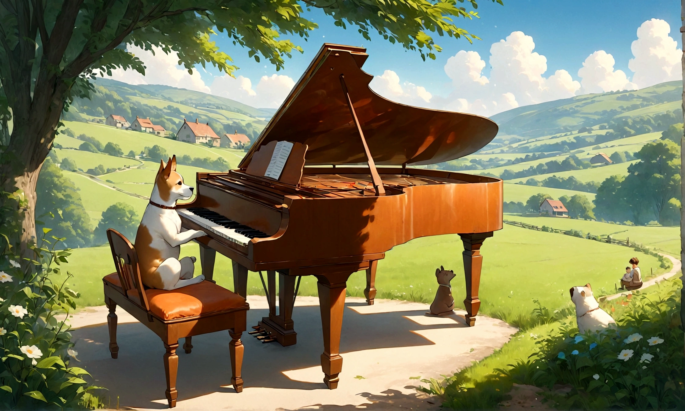 Create an image in a Studio Ghibli-inspired style featuring a dog sitting on a chair and playing a grand piano in a countryside setting. A human baby is nearby, listening to the music and visibly relaxing. The scene should include charming rural elements such as rolling hills, a clear blue sky, and lush greenery, evoking a sense of peacefulness and natural beauty. The overall atmosphere should be whimsical and serene, capturing a moment of happiness and tranquility.